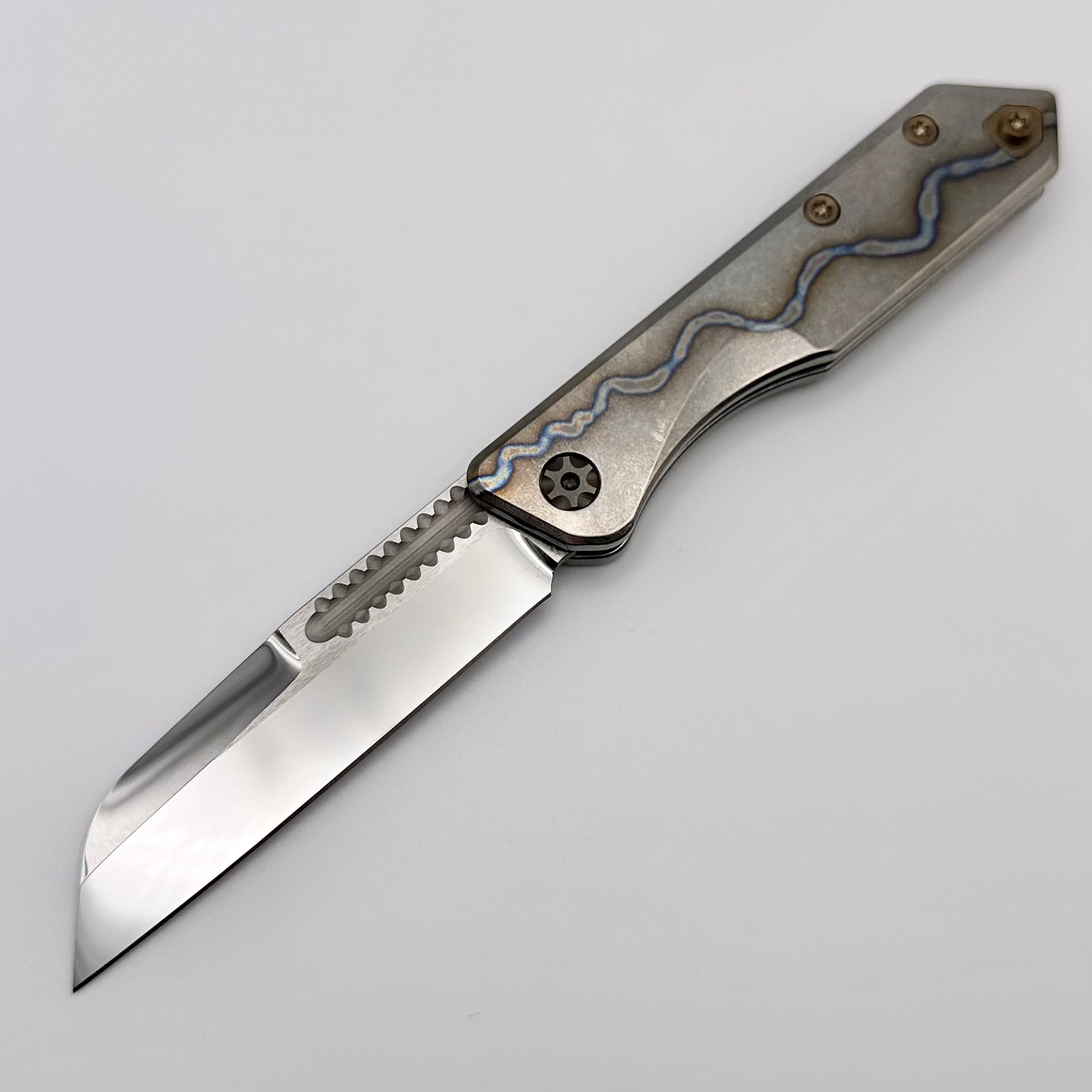 Premium Heretic Knives Jinn: Flamed Titanium Handle with Bronze Accents & Mirror Polish Elmax Blade