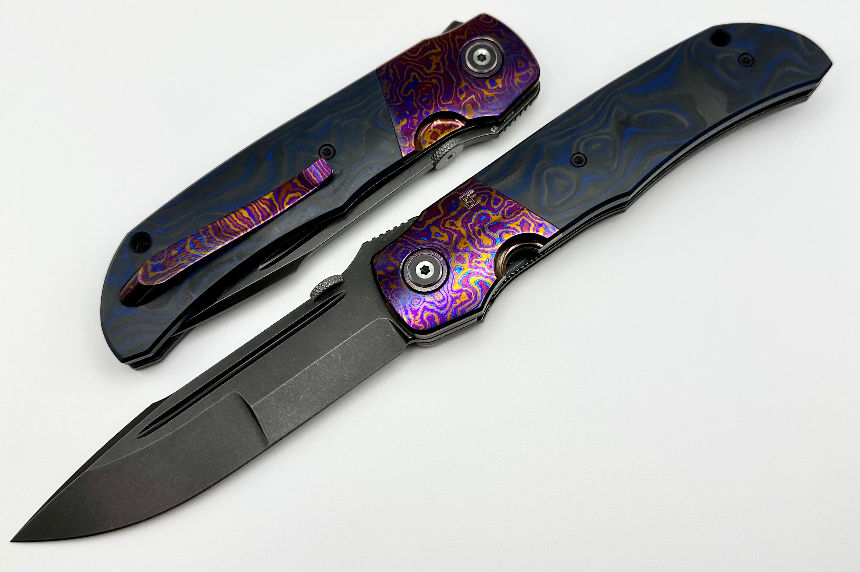 Premium Custom Knife Factory Eagle Rock - Timascus Bolsters & Blue/Black Carbon Fiber | S90V Blade