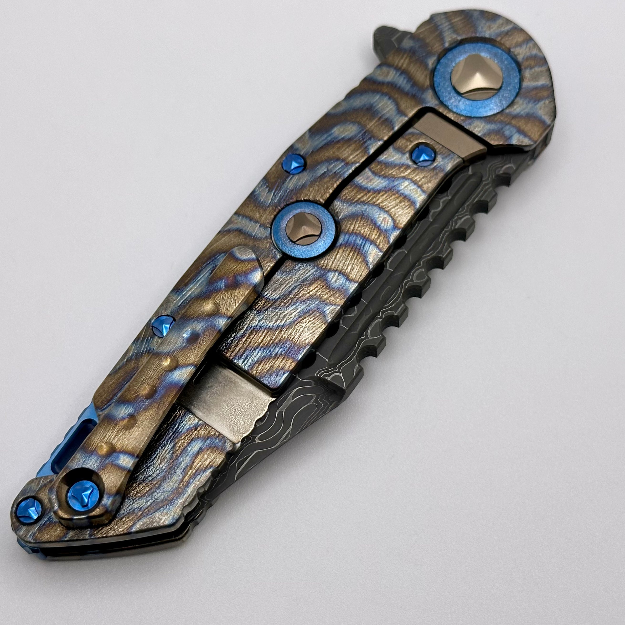 Premium Marfione Custom Warhound Titanium Knife with Blue Ti Hardware & Vegas Forge Reptilian Damascus Blade