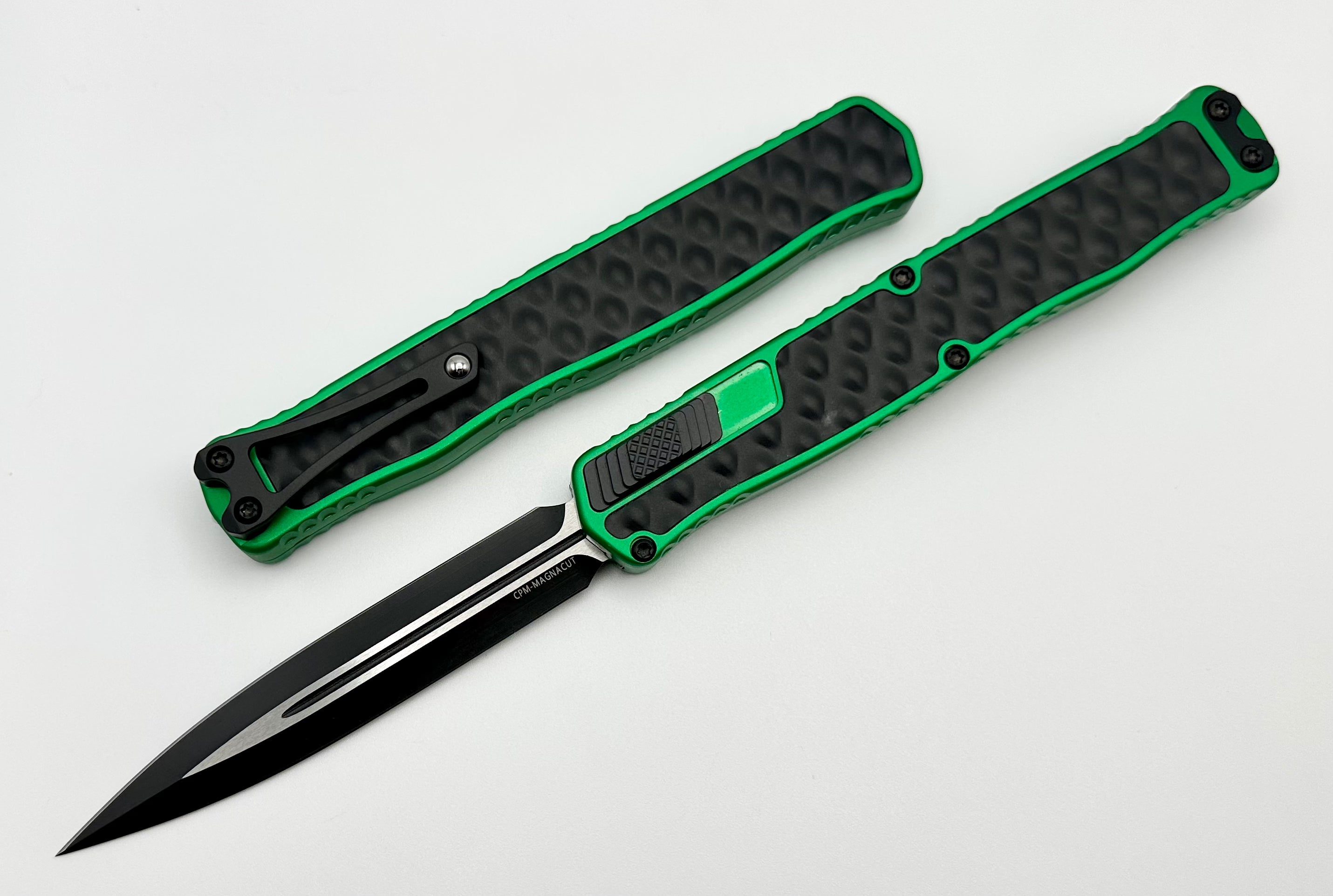 Heretic Knives Cleric II MagnaCut Black Double Edge Knife with Toxic Green & Black Stainless Bubble Inlays - Ultimate Tactical EDC