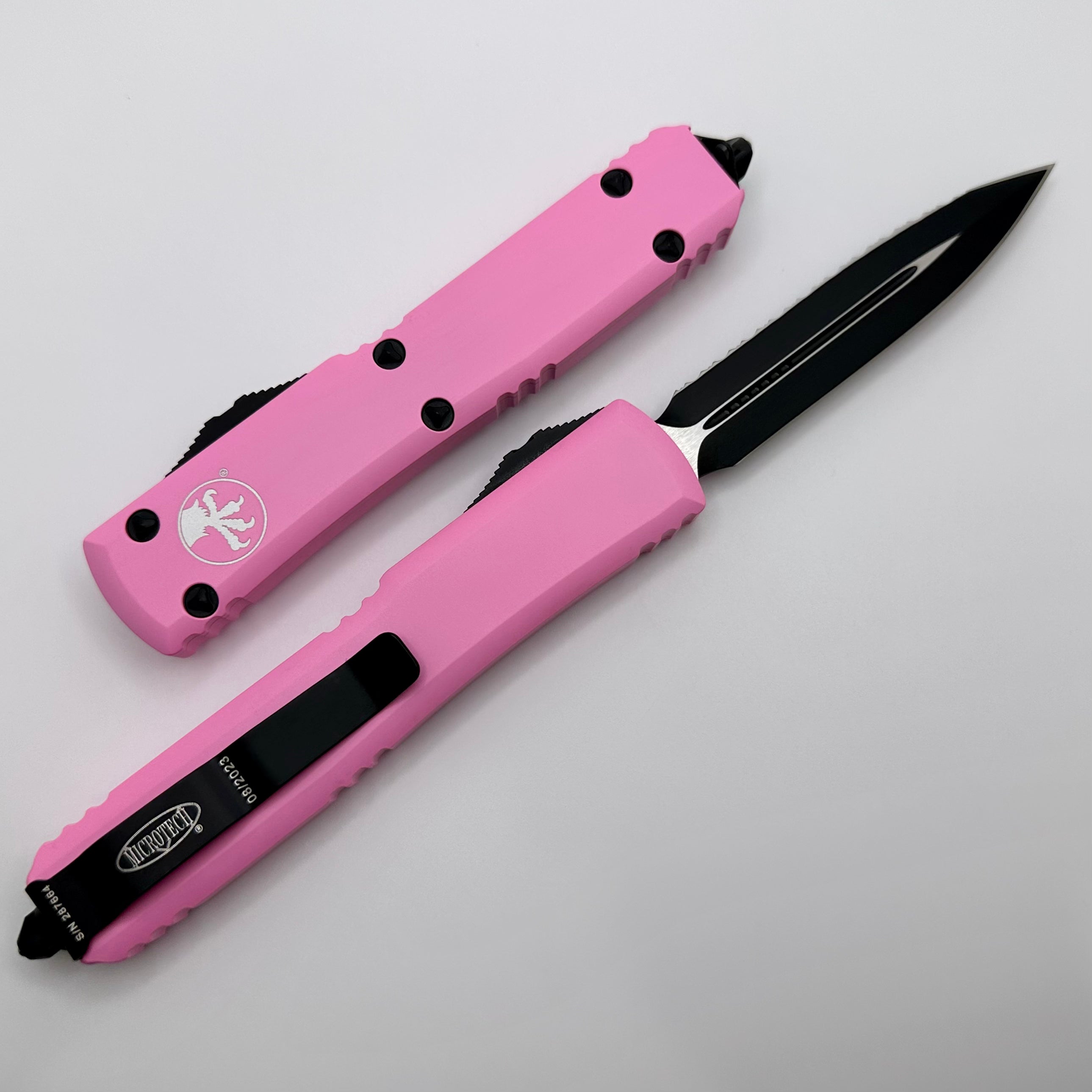 Microtech Ultratech Premium OTF Knife - Black Serrated & Blasted Pink Finish