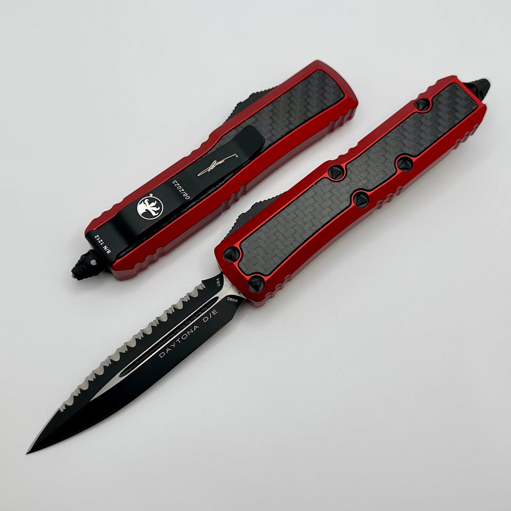 Premium Microtech Red Daytona Tactical Knife with Carbon Fiber Inlays