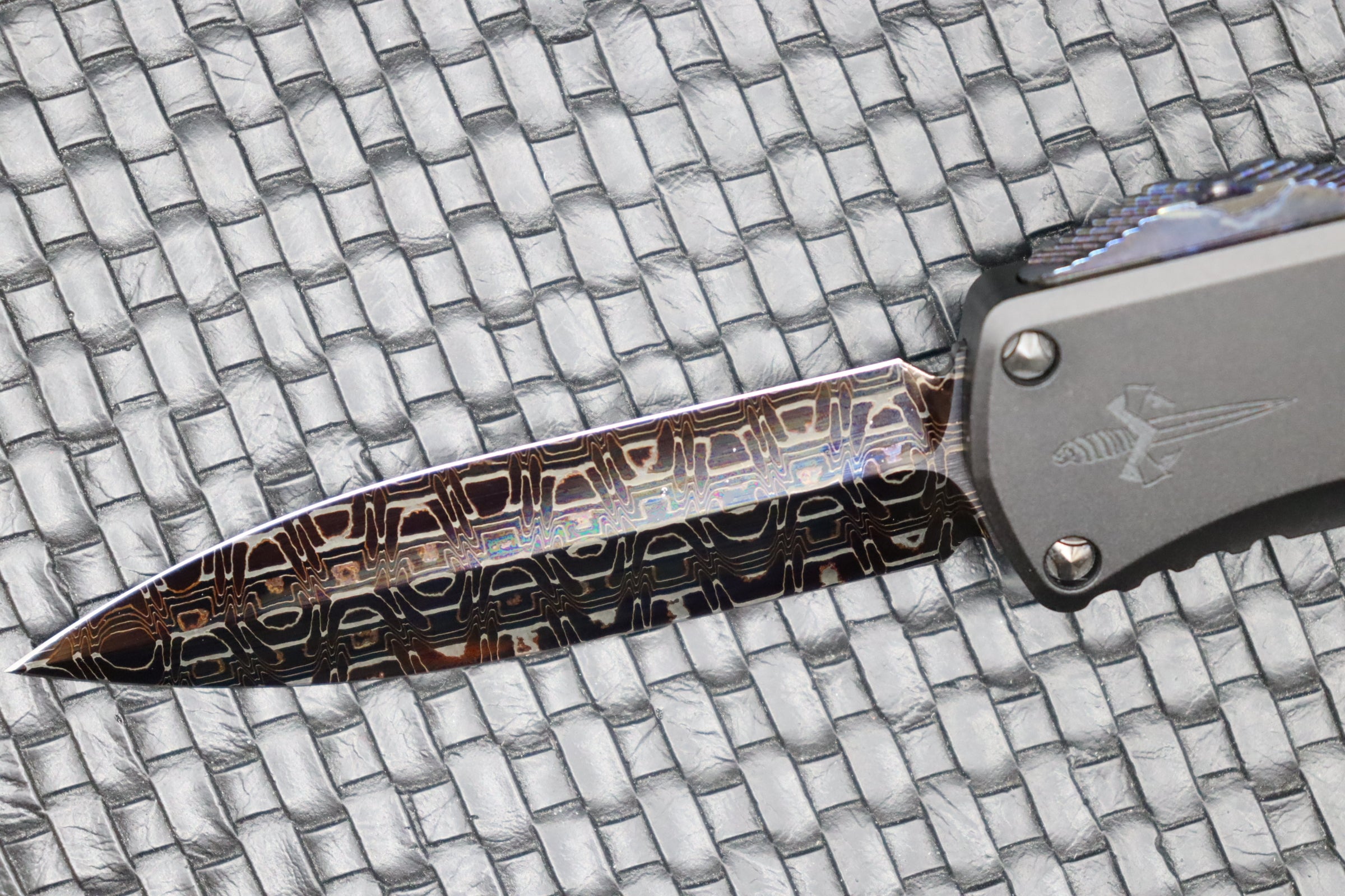 Premium Marfione Hera D/E Spike Knife - Vegas Forge Reptilian Damascus & Black Anodized Handle