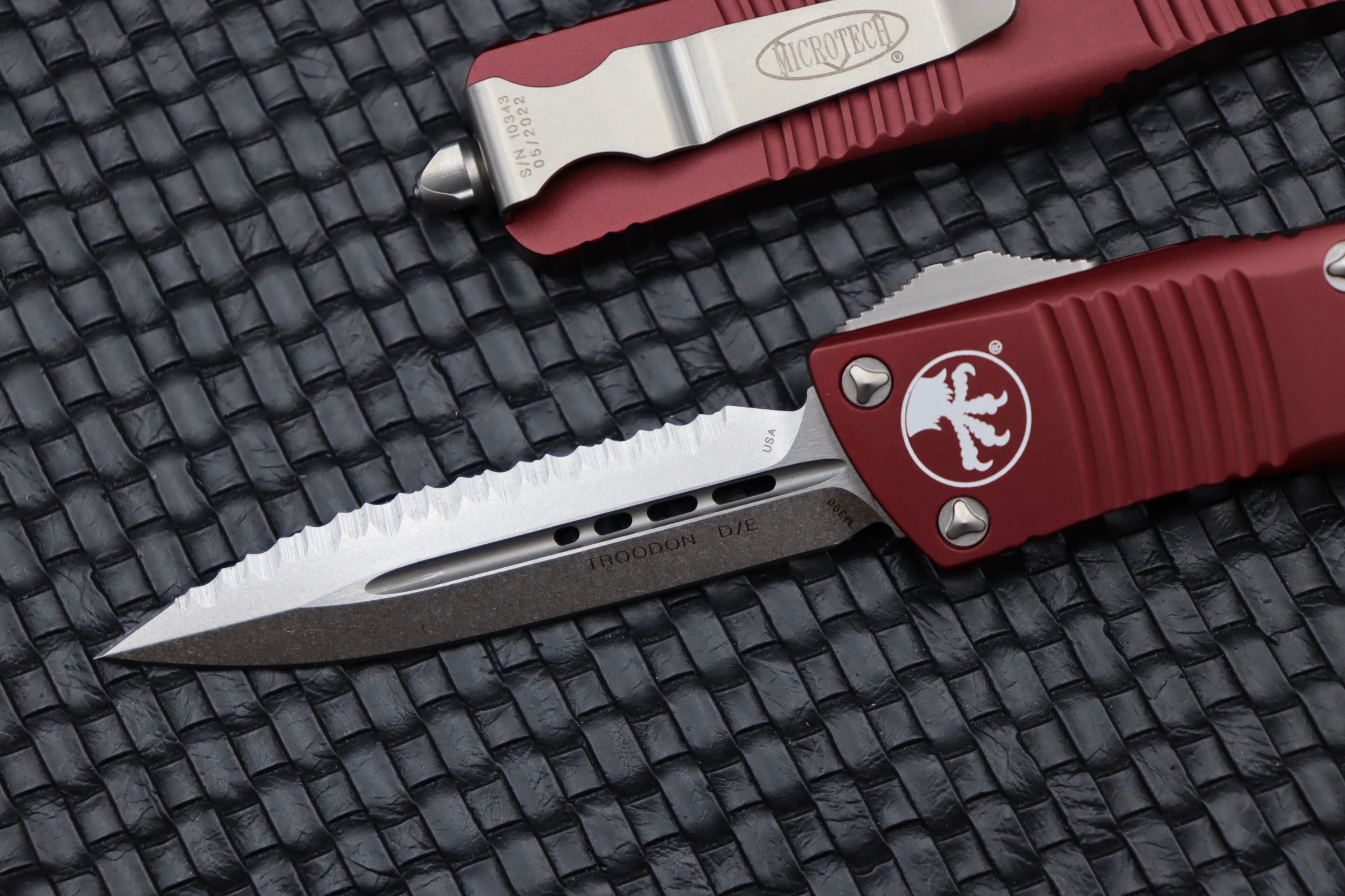 Premium Microtech Troodon Double Edge Knife - Stonewash Finish & Merlot Handle