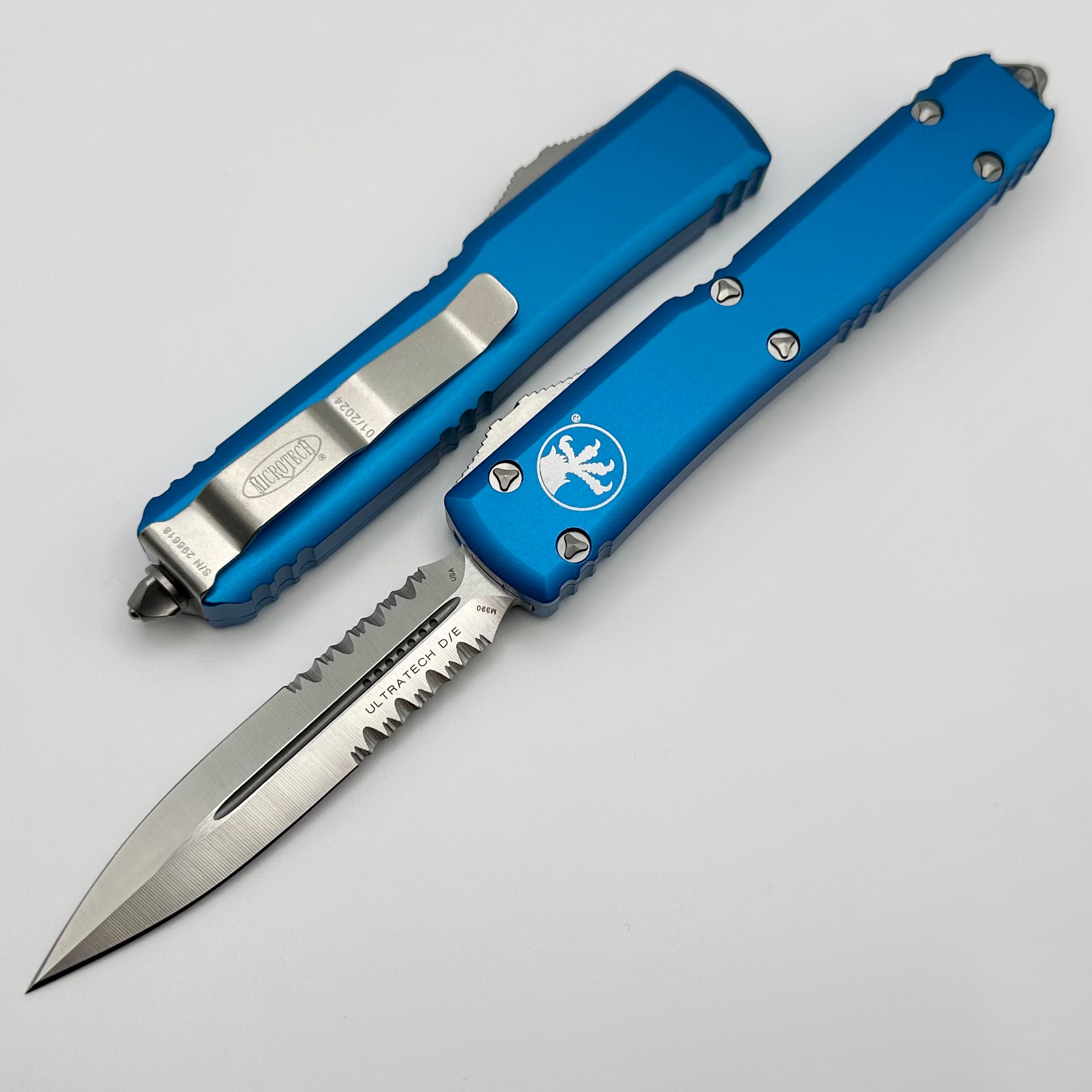 Microtech Ultratech Premium Double Edge OTF Knife - Satin Partial Serrated & Blue Finish