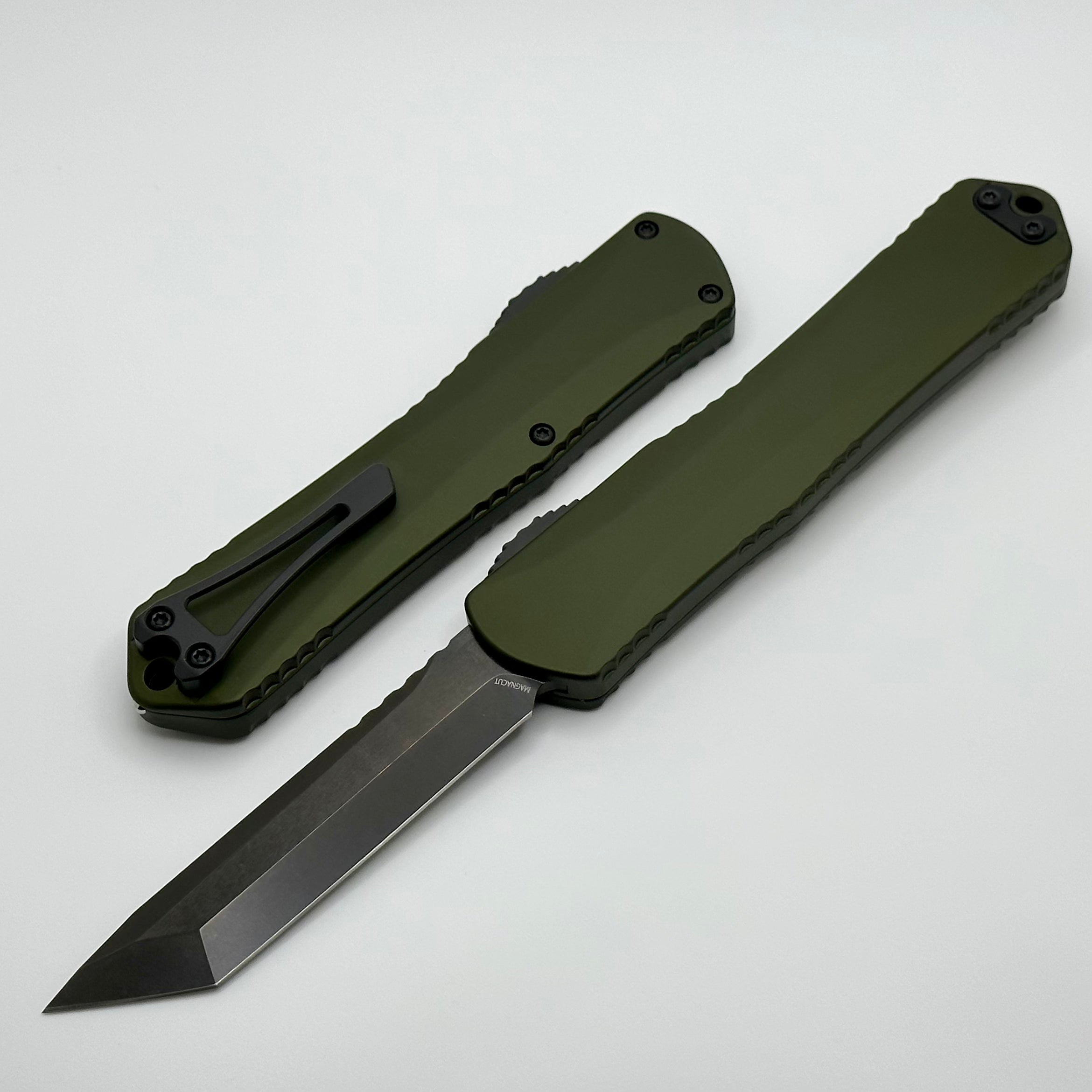 Heretic Knives Manticore X Premium OTF Knife - OD Green Handle & DLC Tanto MagnaCut