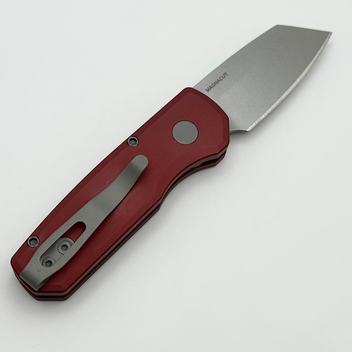 Premium Pro-Tech Runt 5: Red Aluminum Handle & Stonewash Reverse Tanto MagnaCut Blade