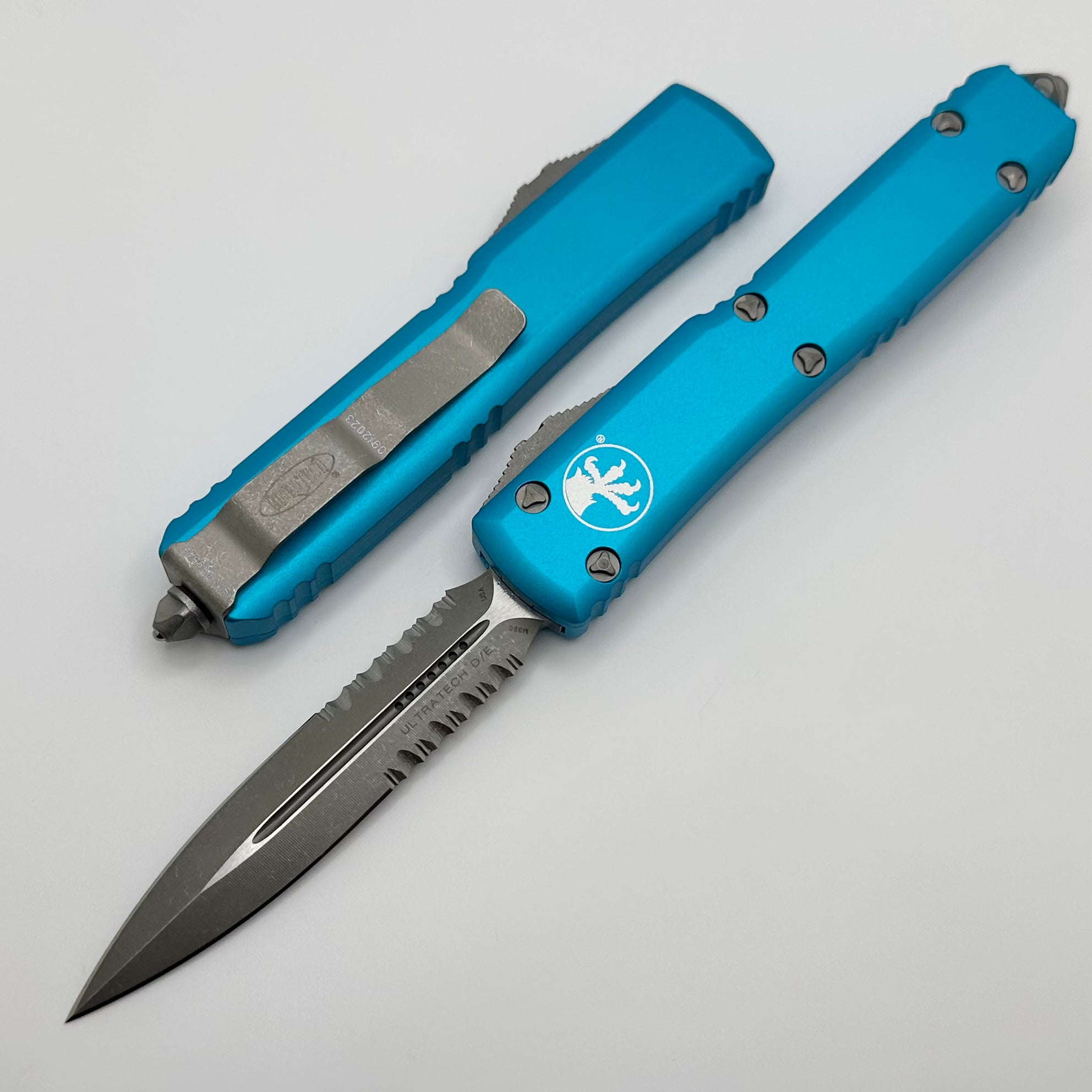 Premium Microtech Ultratech OTF Knife - Apocalyptic Double Edge with Turquoise Handle