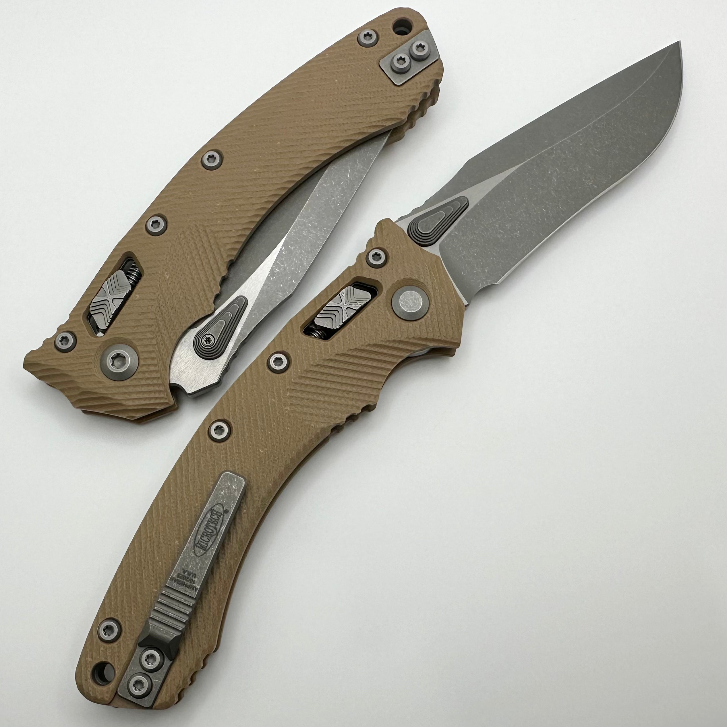 Microtech Amphibian RAM LOK Tactical Knife - Tan Fluted G-10 & Apocalyptic M390MK