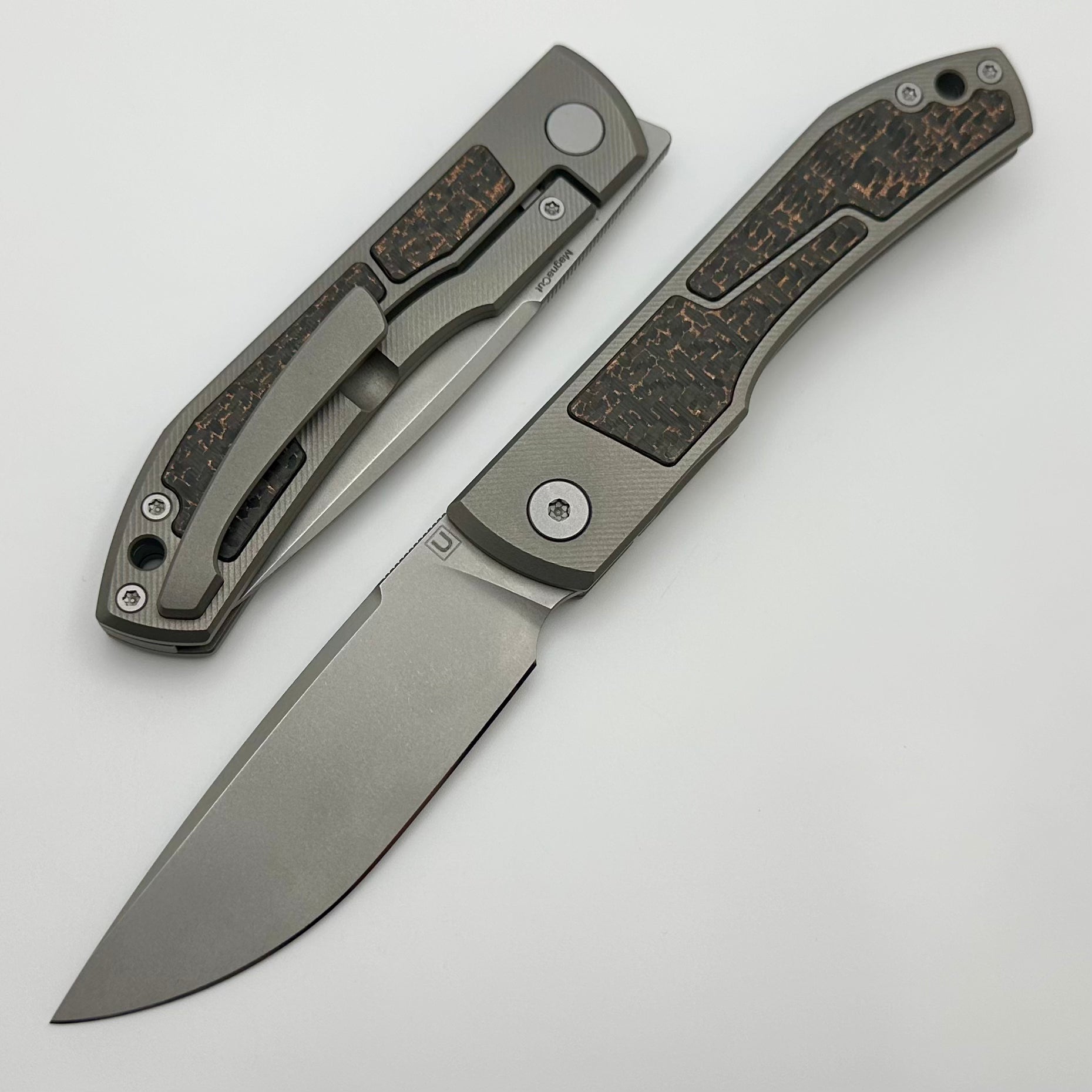 Uldanov Premium Sierra Knife: Milled Titanium Handle, Copper Snakeskin Carbon Fiber Inlays & MagnaCut Front Flipper #72