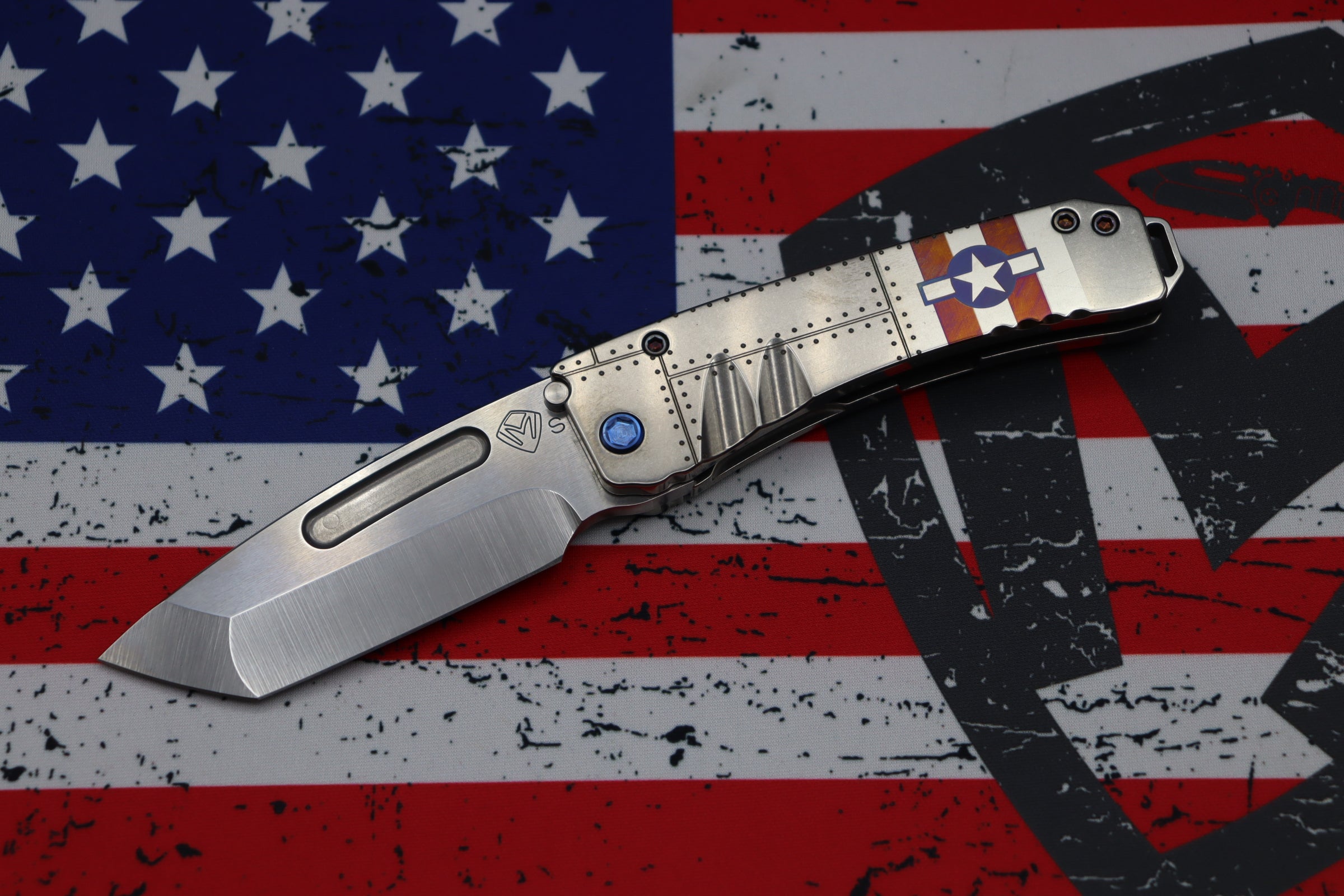 Medford Midi Marauder S35 Tanto Folding Knife with Tumbled Stars & Bars Handle and Blue Hardware - Premium EDC Companion