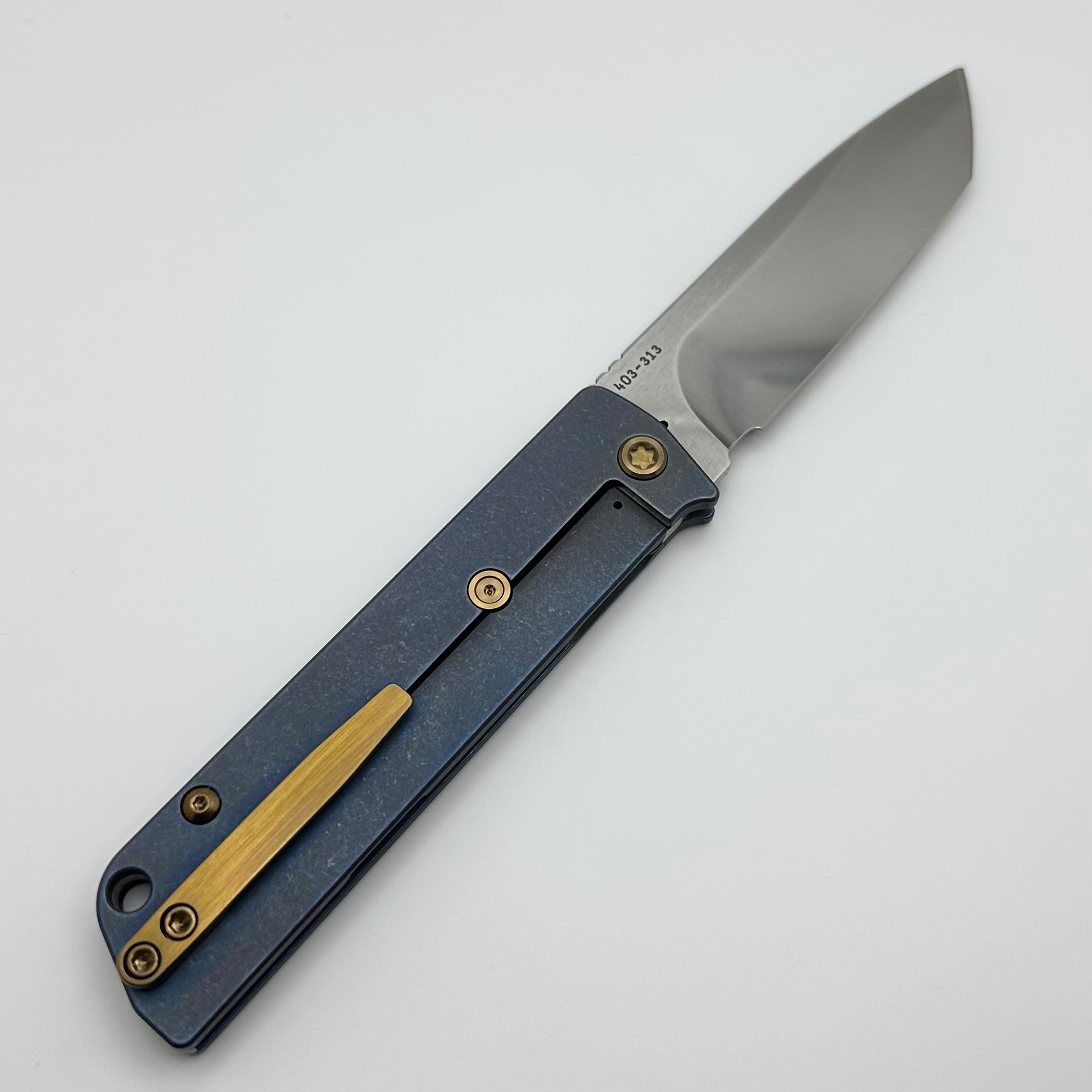 Medford Antik Premium Front Flipper Knife - Polished S35VN Tanto Blade & Old School Blue Titanium Handles