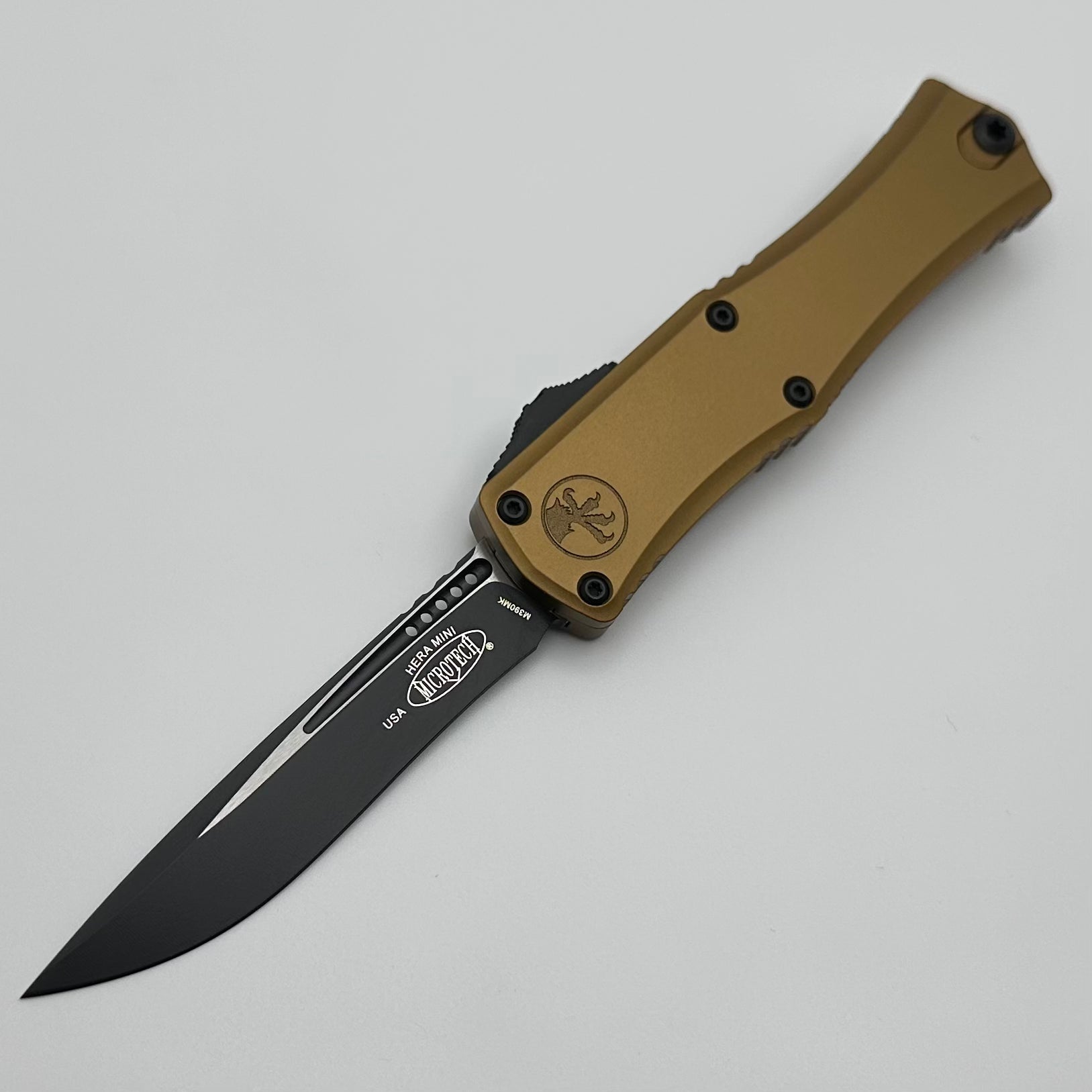 Microtech Premium Mini Hera OTF Knife - Ultimate EDC with M390MK Blade & Tan Aluminum Handle