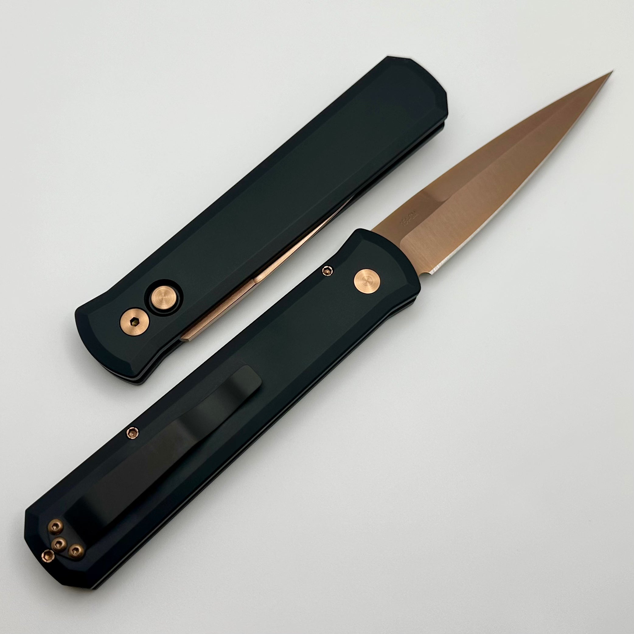 Premium Pro-Tech Godfather Automatic Knife - Rose Gold 154-CM Blade & Black Handle