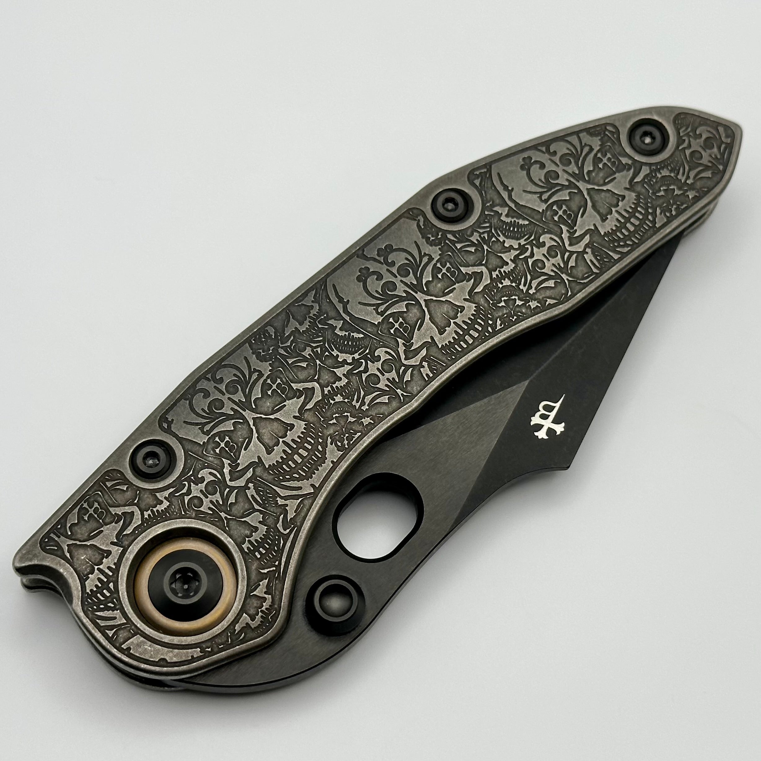 Borka Blades & Ti2 Design Skulls Stitch Knife - Premium M390 Steel with Bronze Pivot Collars & DLC Finish