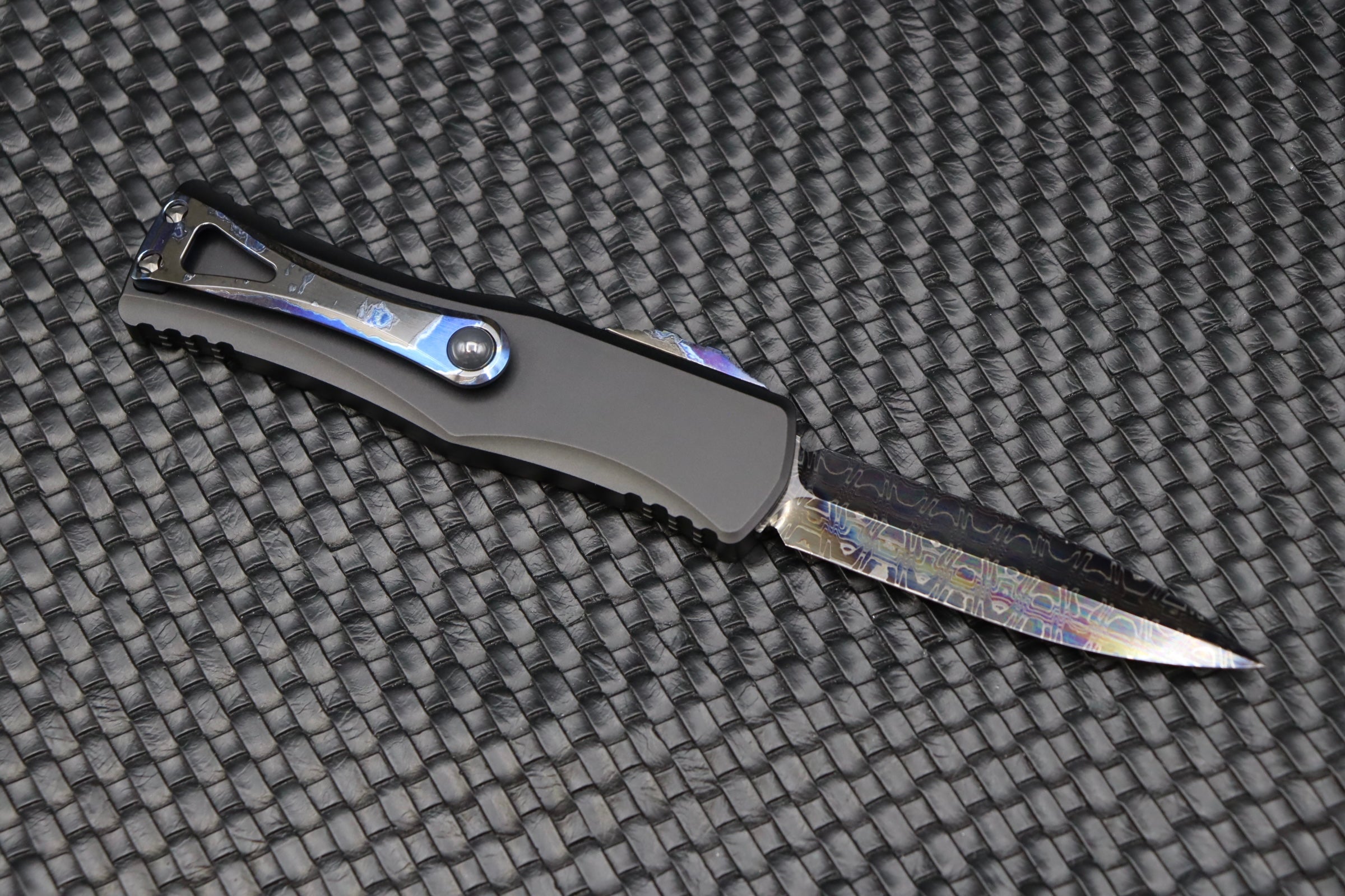 Premium Marfione Hera D/E Spike Knife - Vegas Forge Reptilian Damascus & Black Anodized Handle