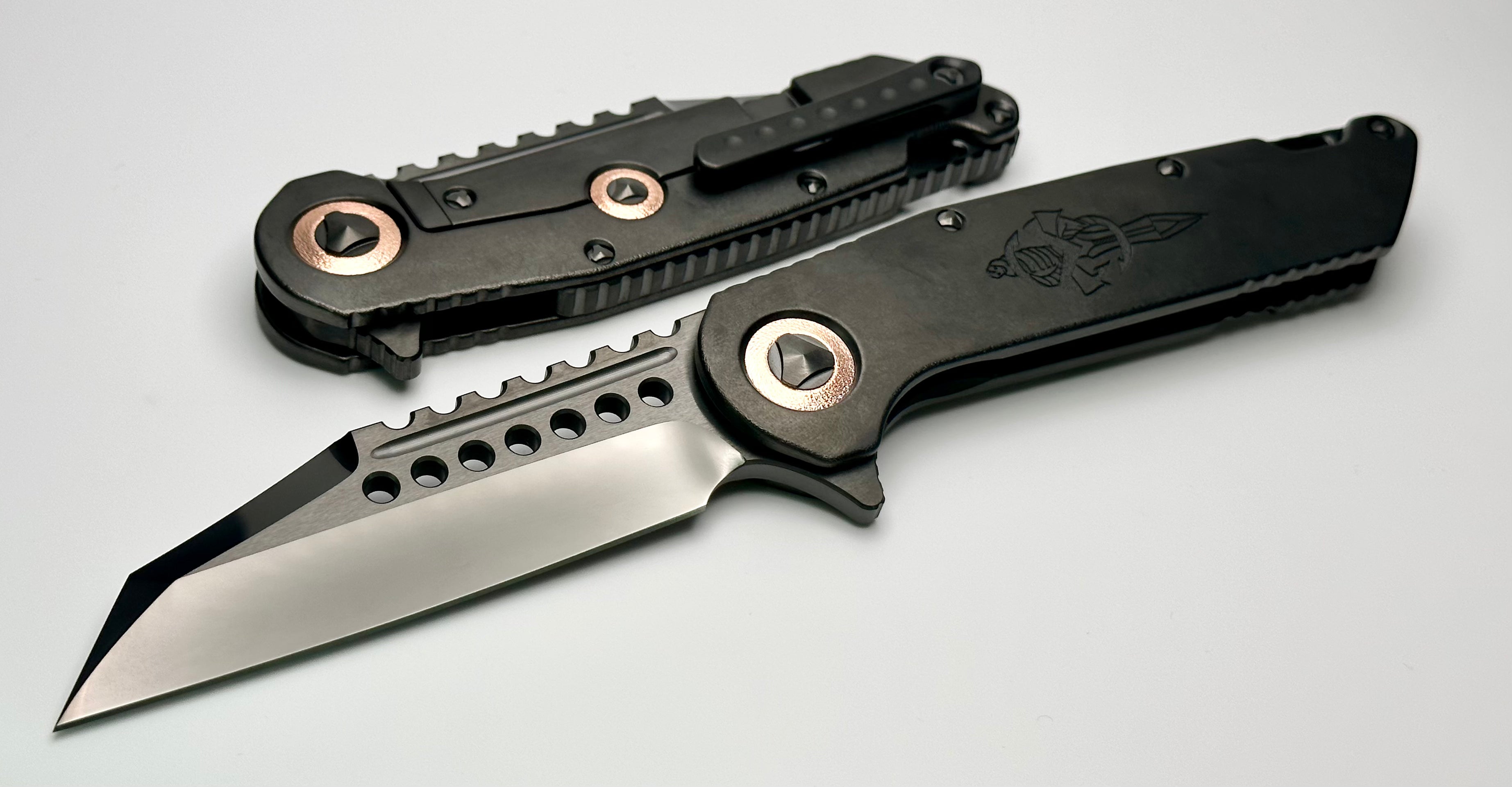 Marfione Custom Knives Warhound: Premium DLC Stonewash Titanium Folder with Deep Engraved Dagger Relief & CTS-204P Blade