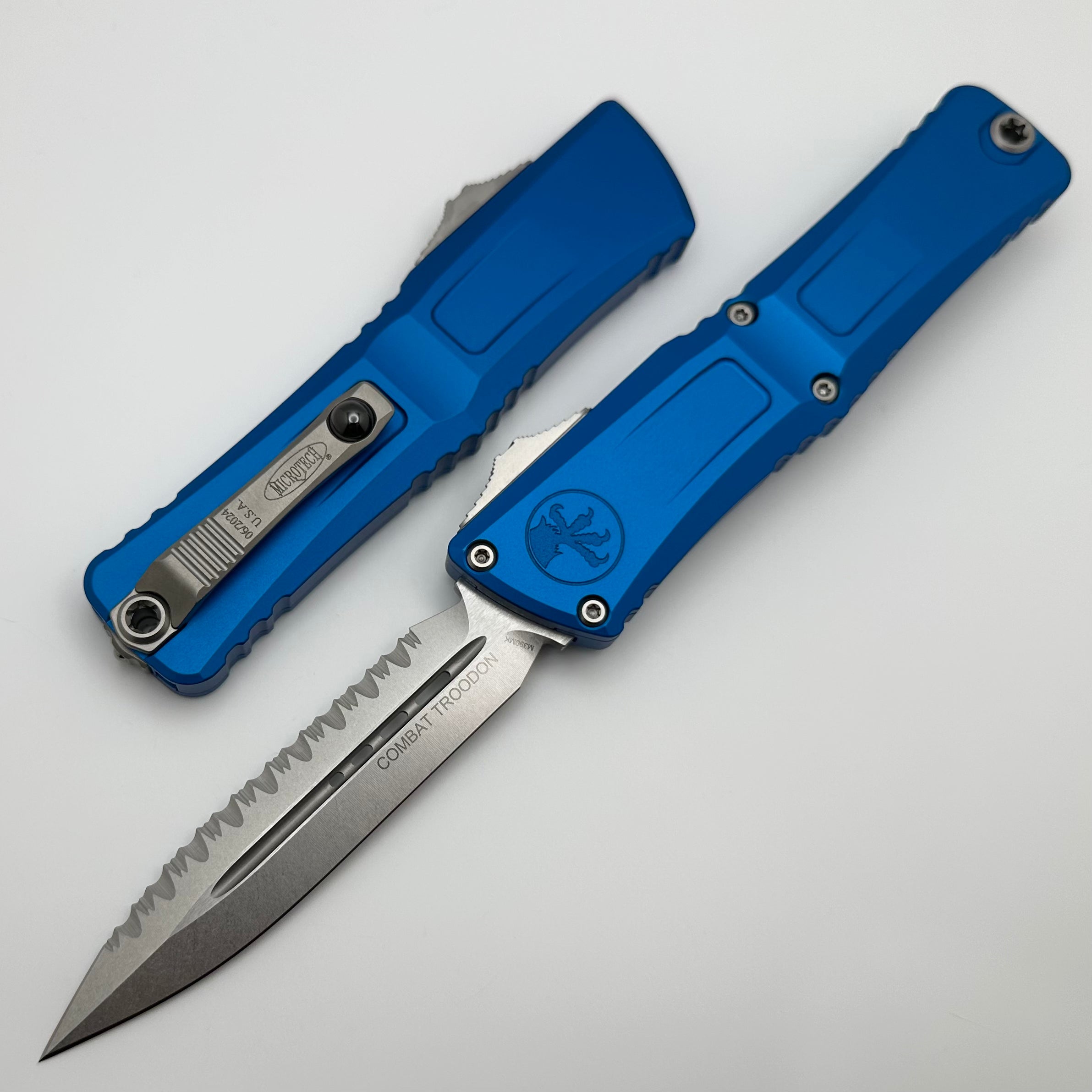 Microtech Combat Troodon Gen III Premium Tactical Knife - Stonewash Full Serrated Double Edge with Blue Handle