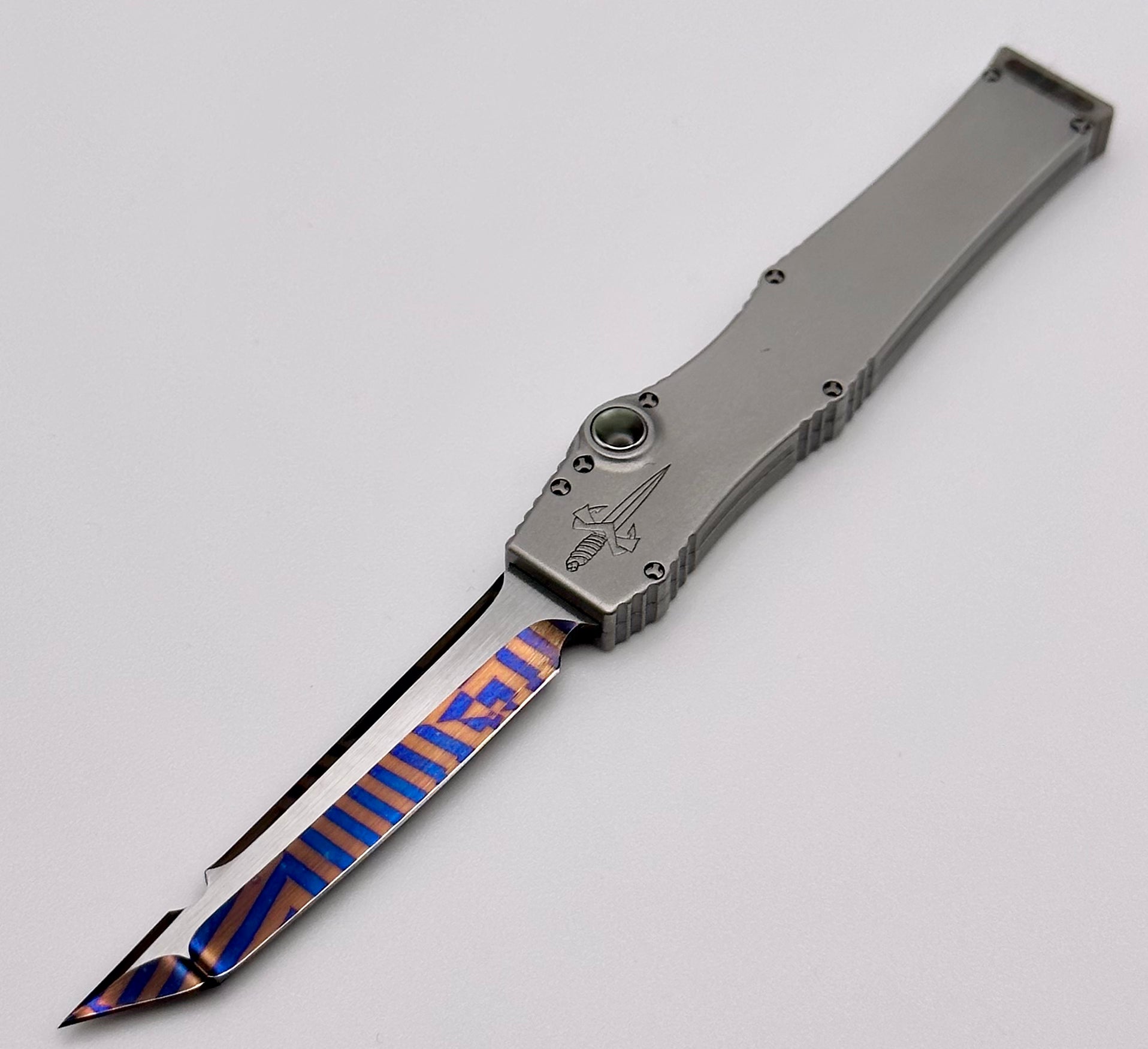 Premium Marfione Custom Halo III Mini Star Grind Blued Mosaic Damascus Tanto Knife with Stainless Steel Handle & Black Lip Pearl Inlays