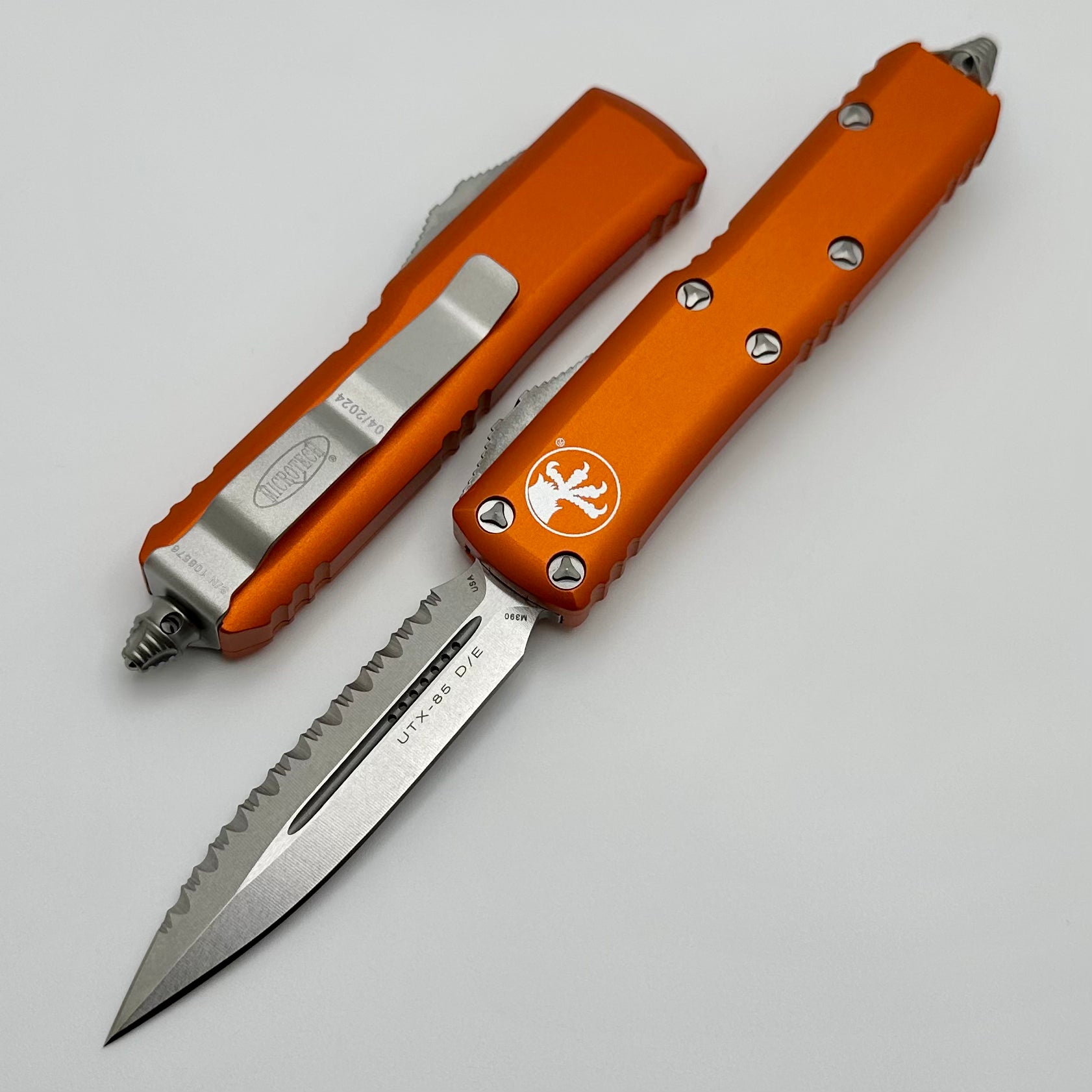 Microtech UTX-85 Premium EDC Knife - Double Edge Stonewash with Full Serrated & Orange Handle