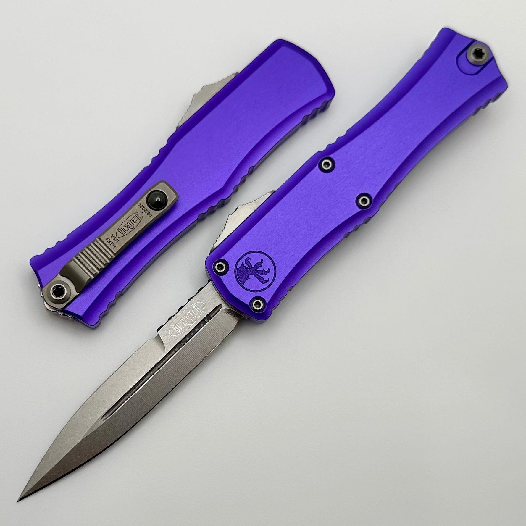 Premium Microtech Mini Hera OTF Knife - M390MK Stonewash Blade & Purple Aluminum Handle