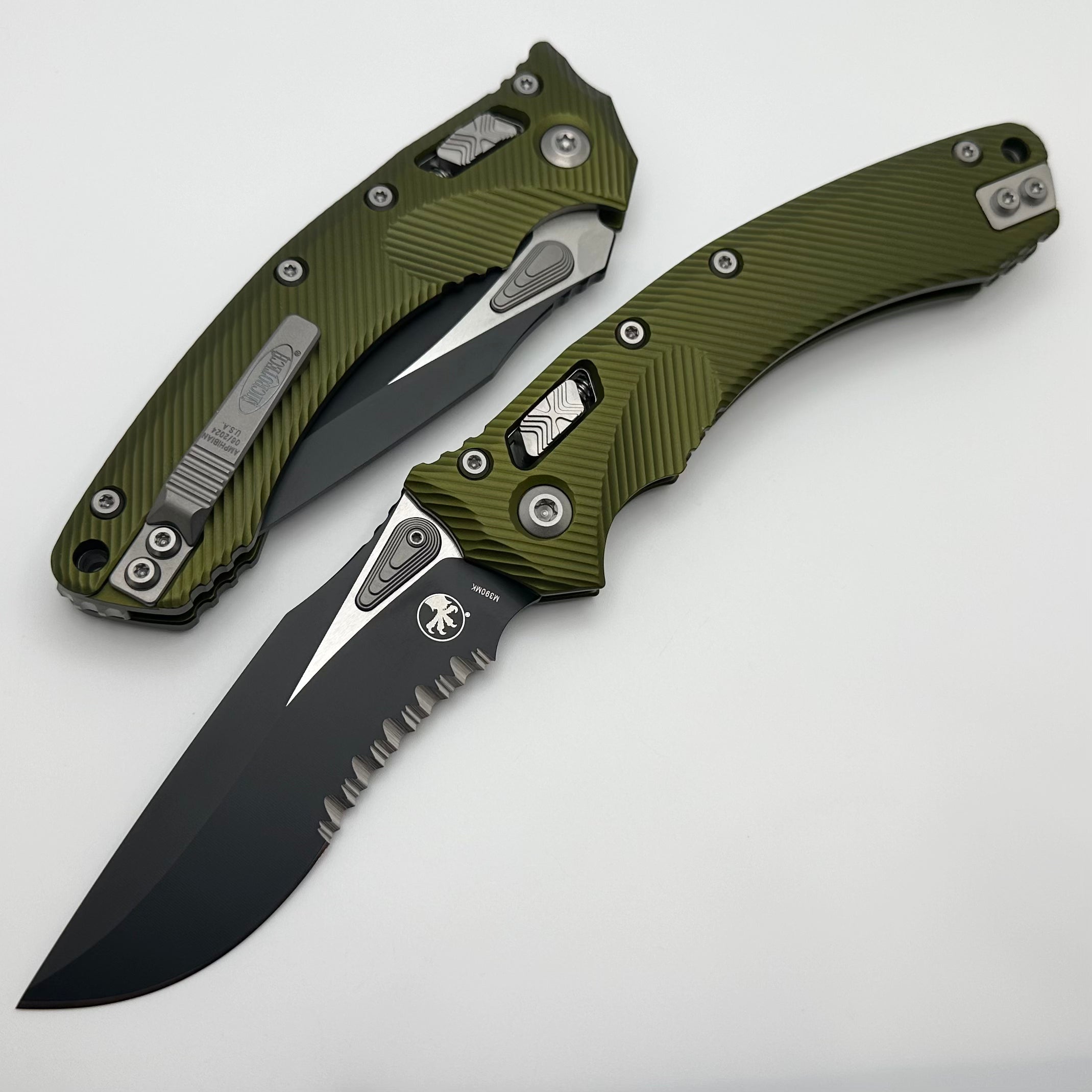 Microtech Amphibian RAM LOK OD Green Fluted Aluminum & Black Partial Serrated M390MK Knife