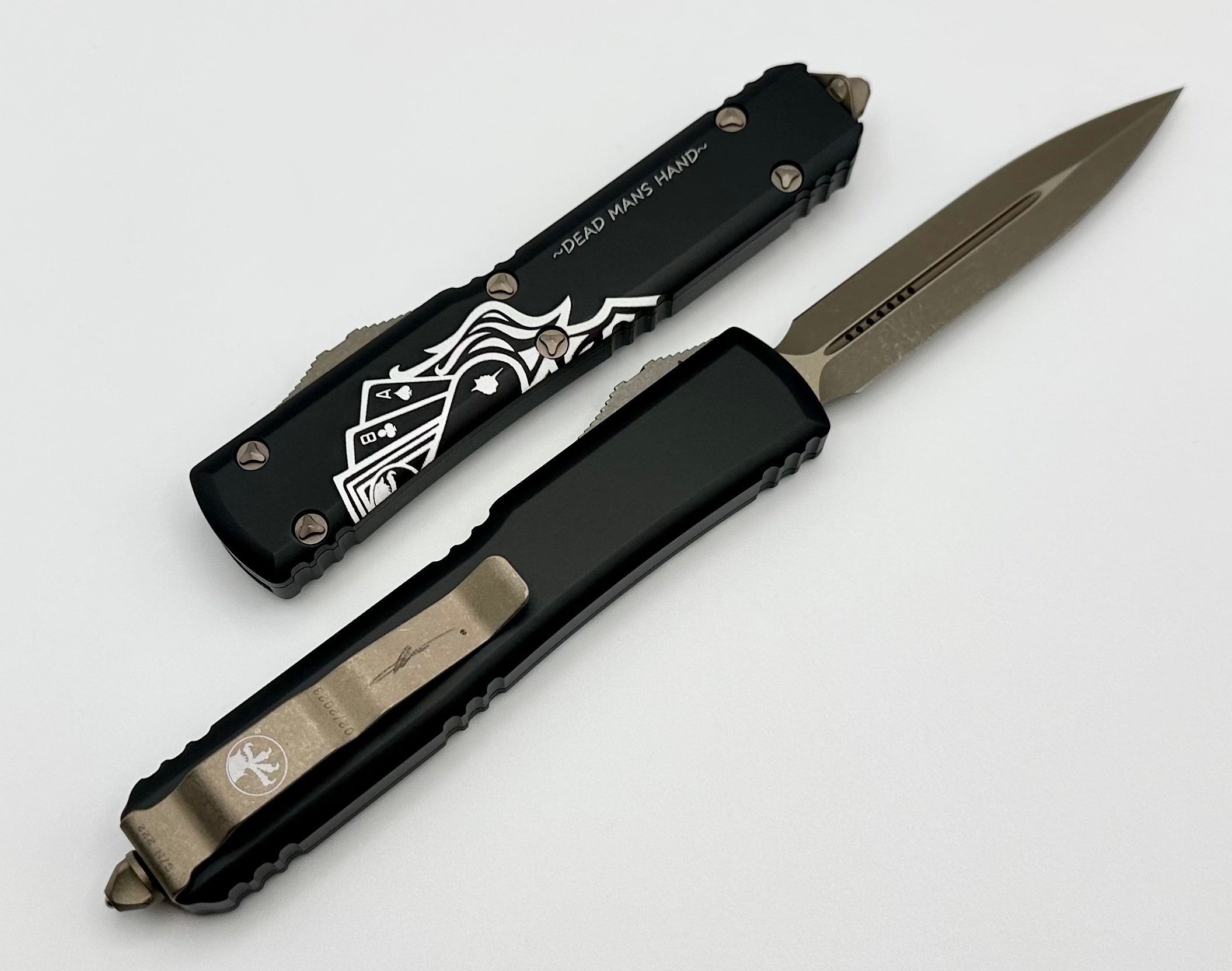 Premium Microtech Ultratech D/E Bronze Apocalyptic Dead Man's Hand Signature Series 122-13DMS - Ultimate Tactical Knife