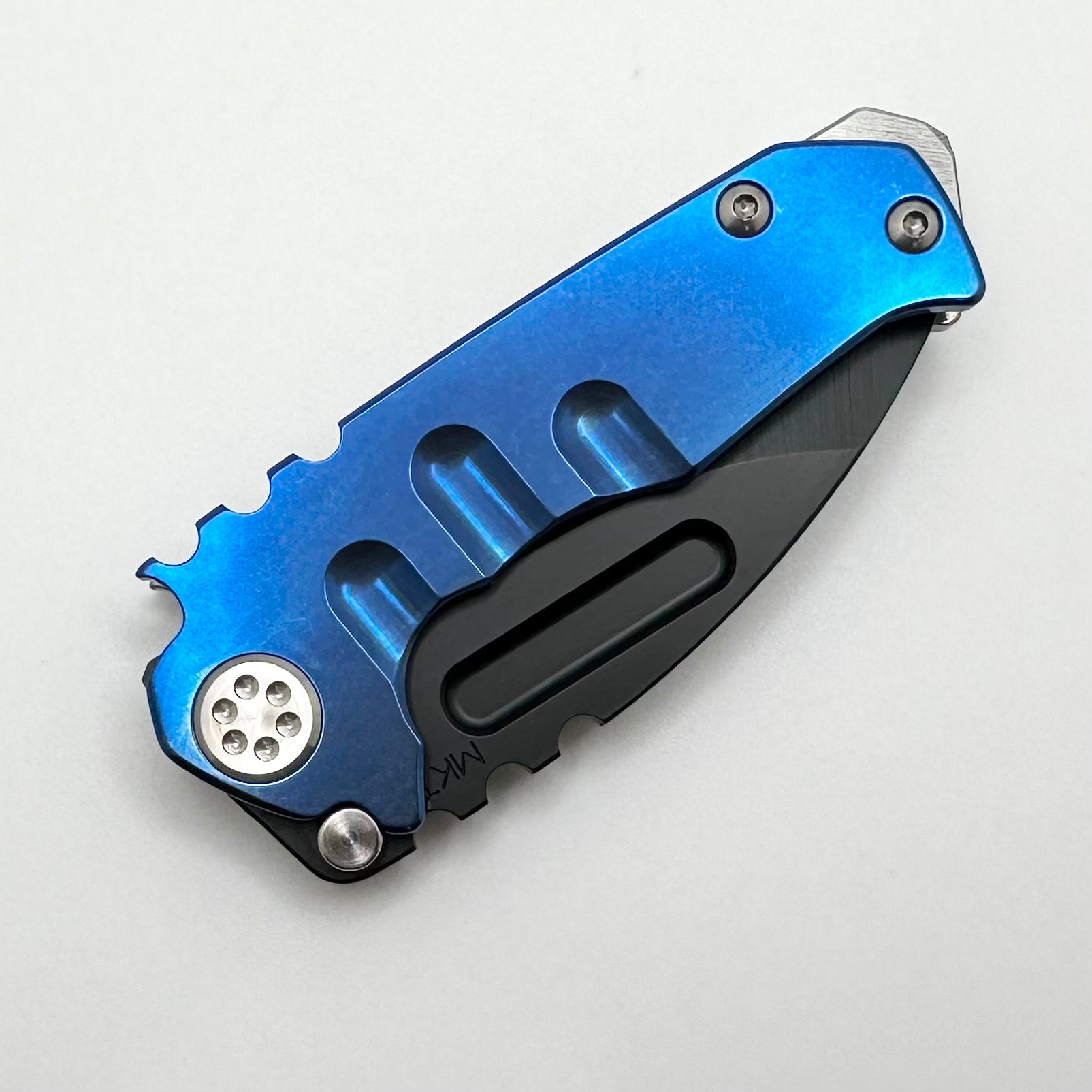 Premium Medford Micro Praetorian T - Compact PVD S35 Drop Point Knife with Blue/Tumbled Handles