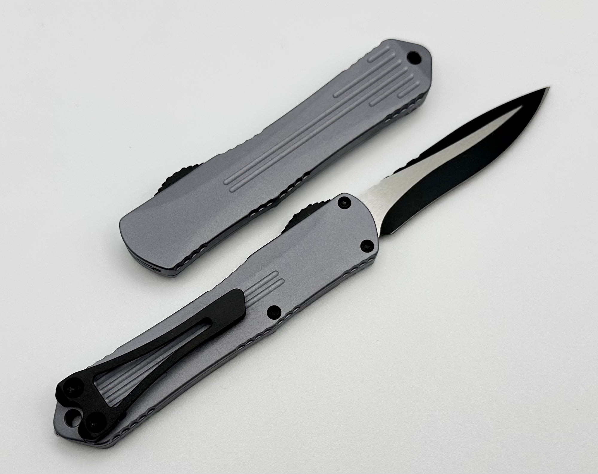 Heretic Knives Manticore S: Compact EDC OTF Knife - Gray & Two Tone Battleworn Black Magnacut