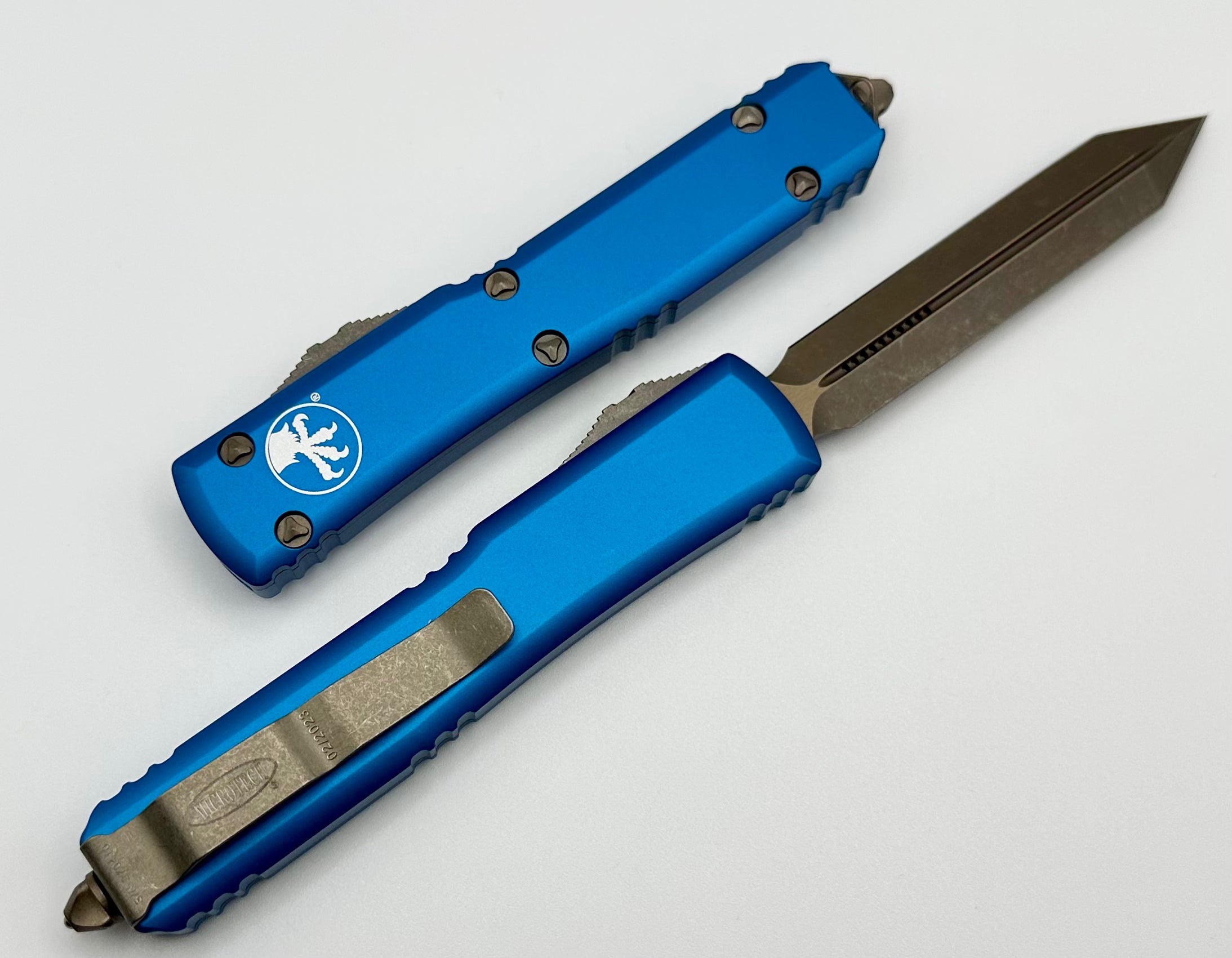 Premium Microtech Ultratech Spartan Bronze Apocalyptic OTF Knife with Blue Handle