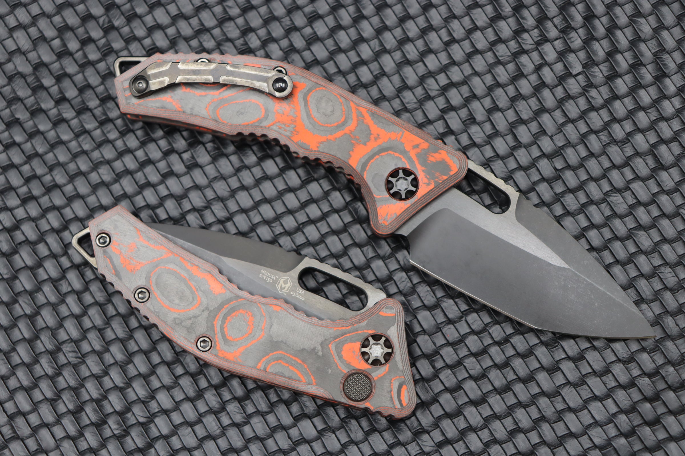 Premium Heretic Knives Medusa: Orange Camo Carbon Handles & DLC Tanto Blade