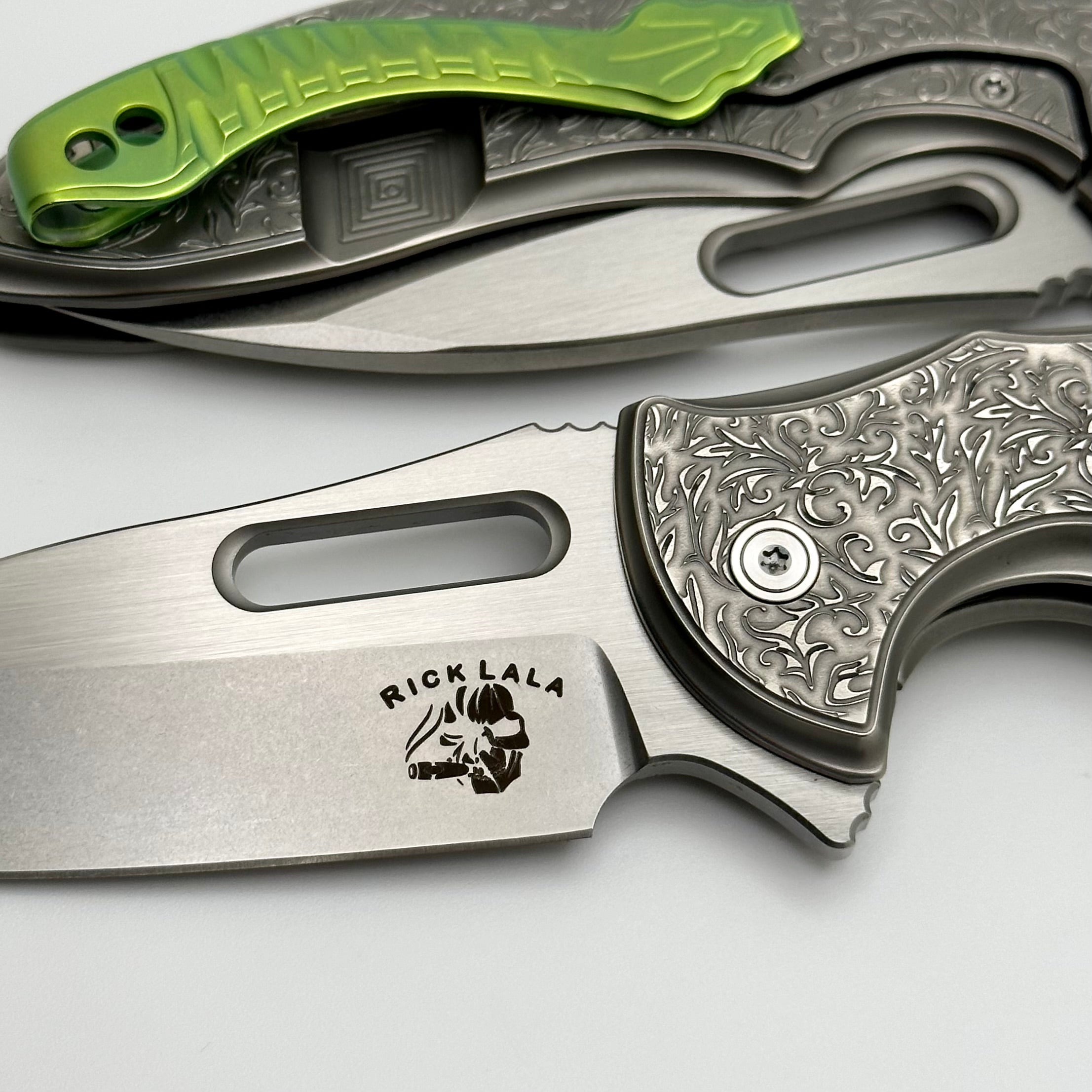 Premium Mechforce Knives Sentry: Rick Lala Collaboration with Scroll Pattern Titanium & M390 Blade - Exclusive Green Clip