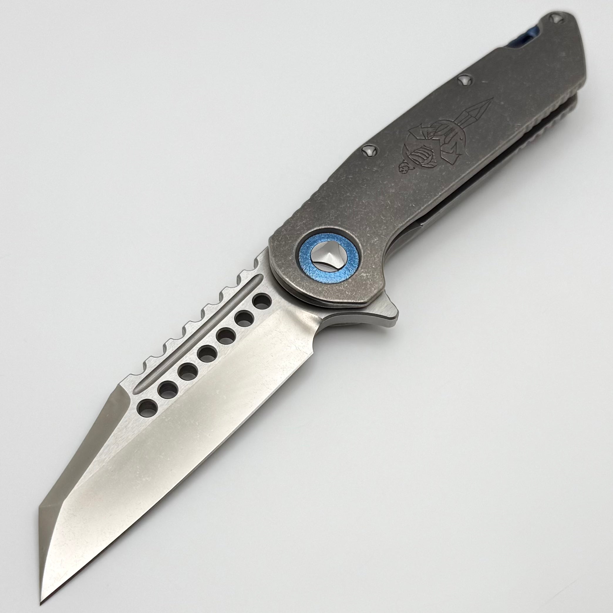 Premium Pre-Owned Marfione Custom Warhound Knife - Titanium Stonewash Finish with CTS-204P Blade & Blue Accents