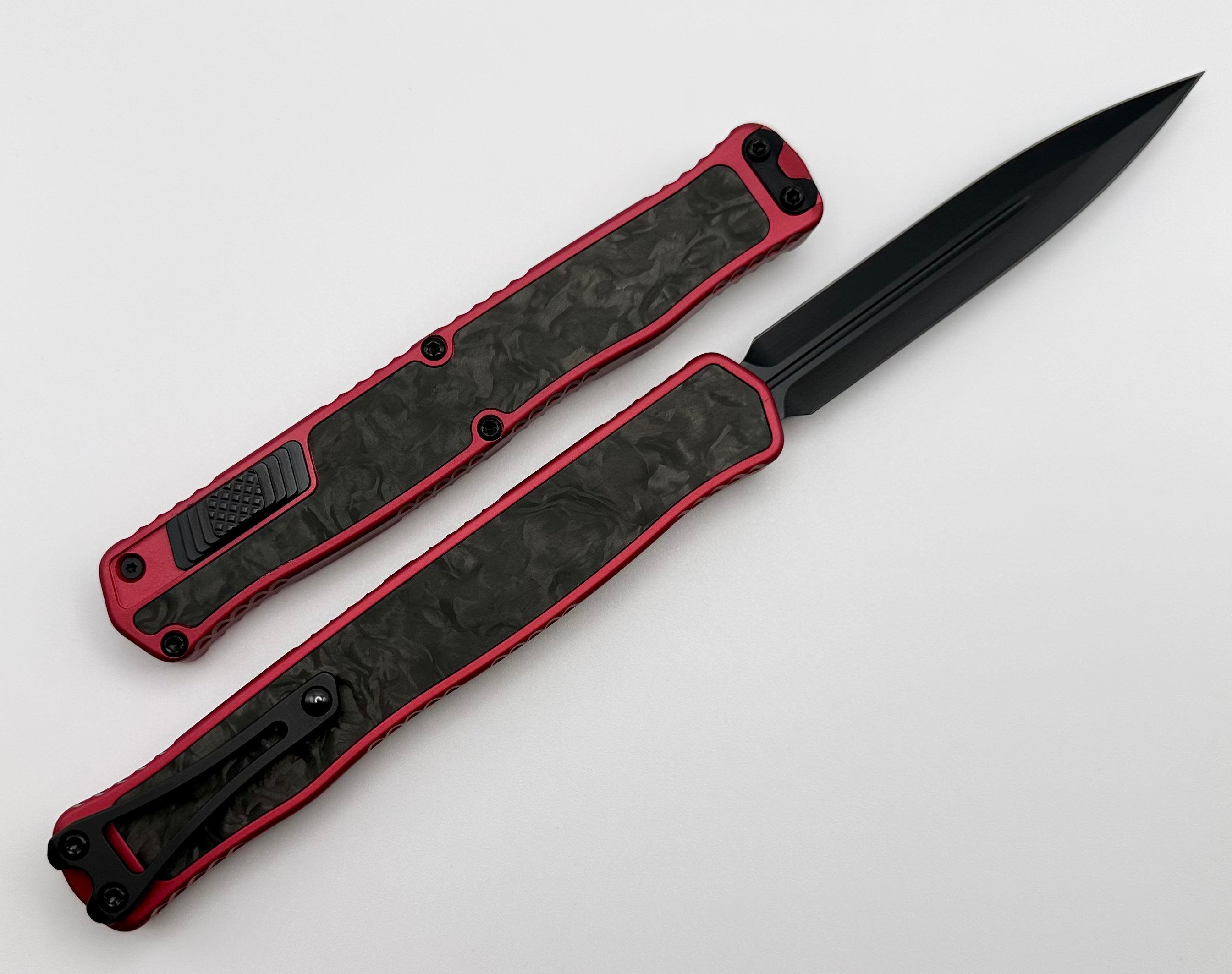 Heretic Knives Cleric II Premium Black Double Edge Magnacut with Red & Marbled Carbon Fiber Inlays