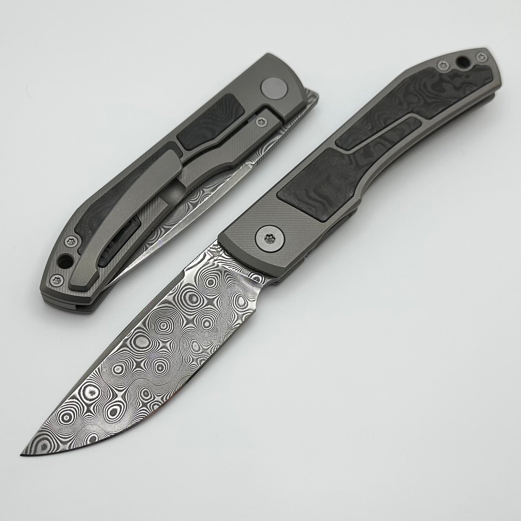 Premium Uldanov Sierra Custom Knife - Titanium & Carbon Fiber Damascus Front Flipper