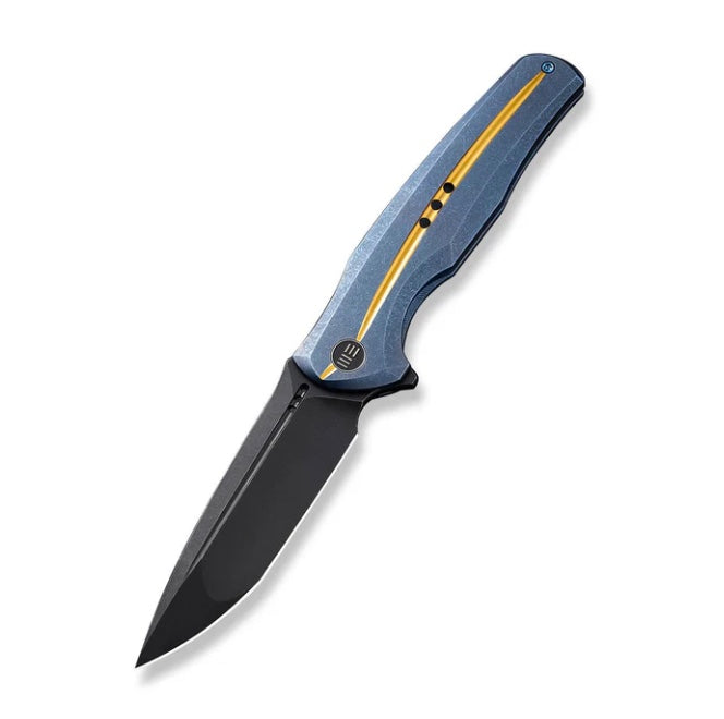 Premium WE Knife 601X: Limited Edition Blue Titanium Handle with Golden Groove & Black Stonewashed 20CV Blade