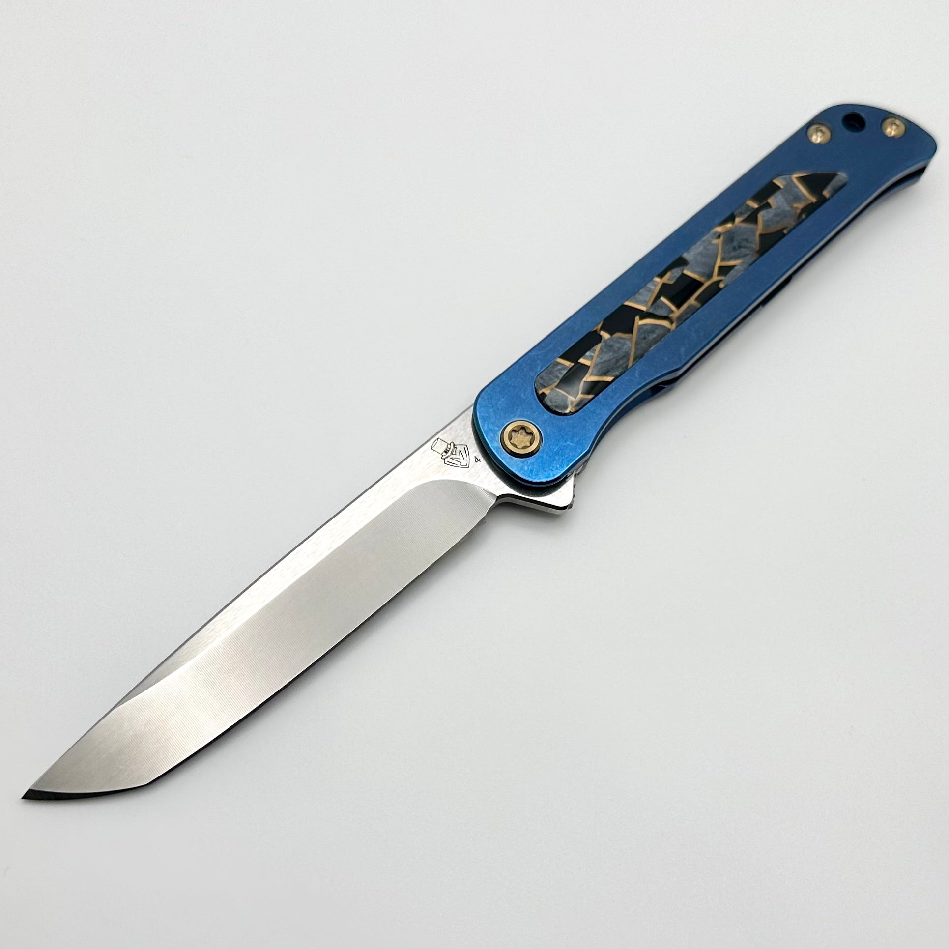 Premium Medford T-Bone Titanium Framelock Flipper Knife - Blue Tumbled Finish with Mosaic Inlays & Bronze Hardware