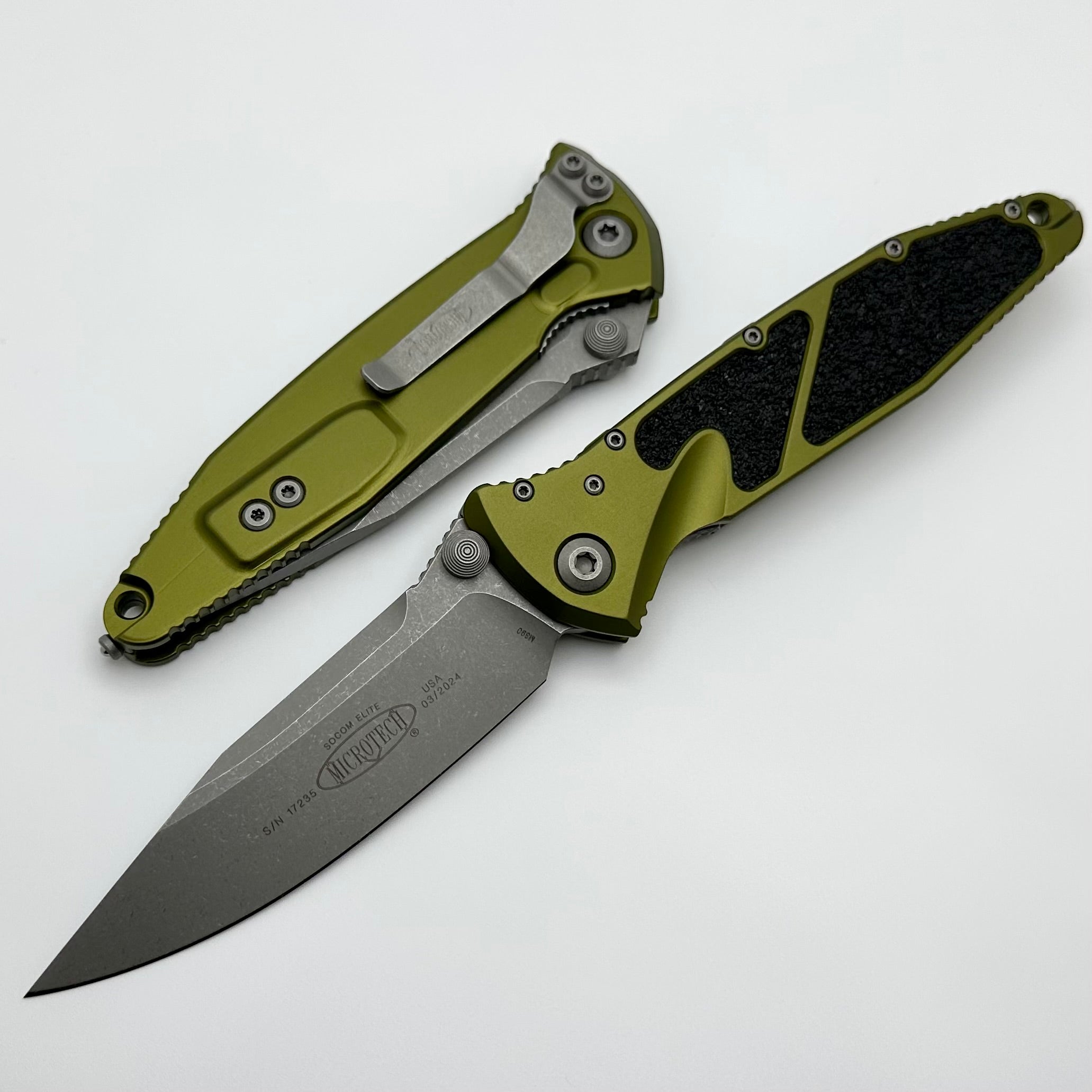 Microtech Socom Elite Premium Tactical Folding Knife - Apocalyptic Finish, OD Green