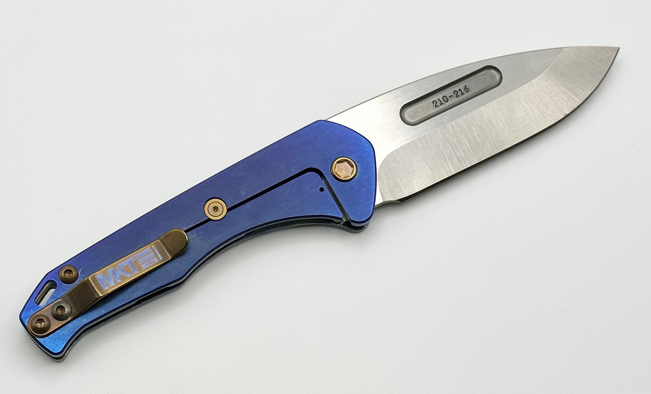 Medford Praetorian Slim: Premium Tumbled S45VN Drop Point Knife with Blue Flamed Rip Curl Handle & Bronze Hardware