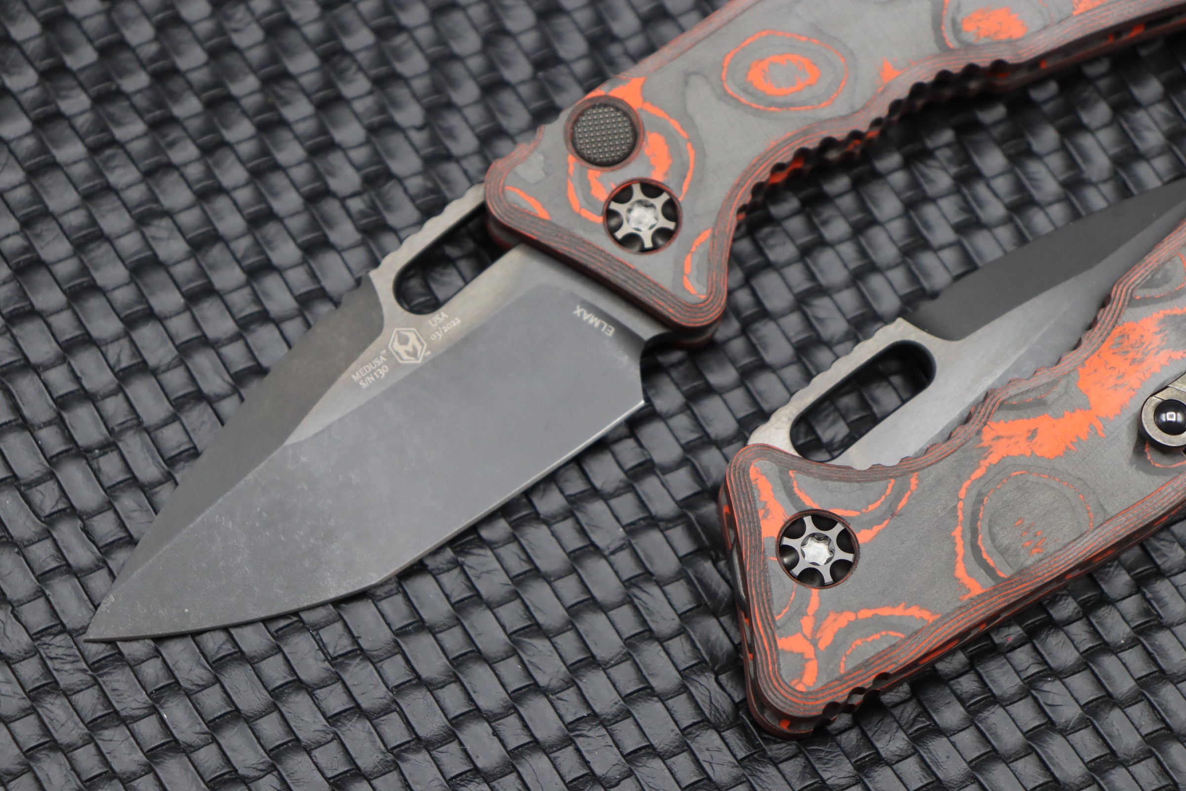 Premium Heretic Knives Medusa: Orange Camo Carbon Handles & DLC Tanto Blade