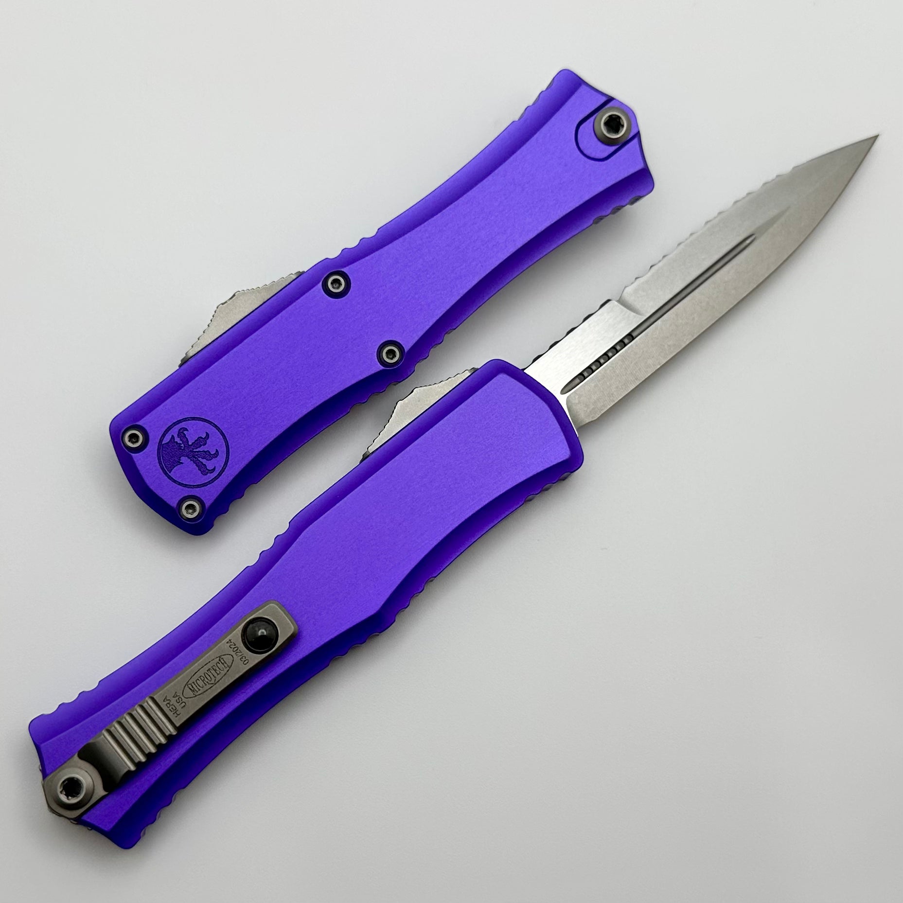 Microtech Premium Mini Hera OTF Knife - Full Serrated M390MK Blade with Purple Aluminum Handle