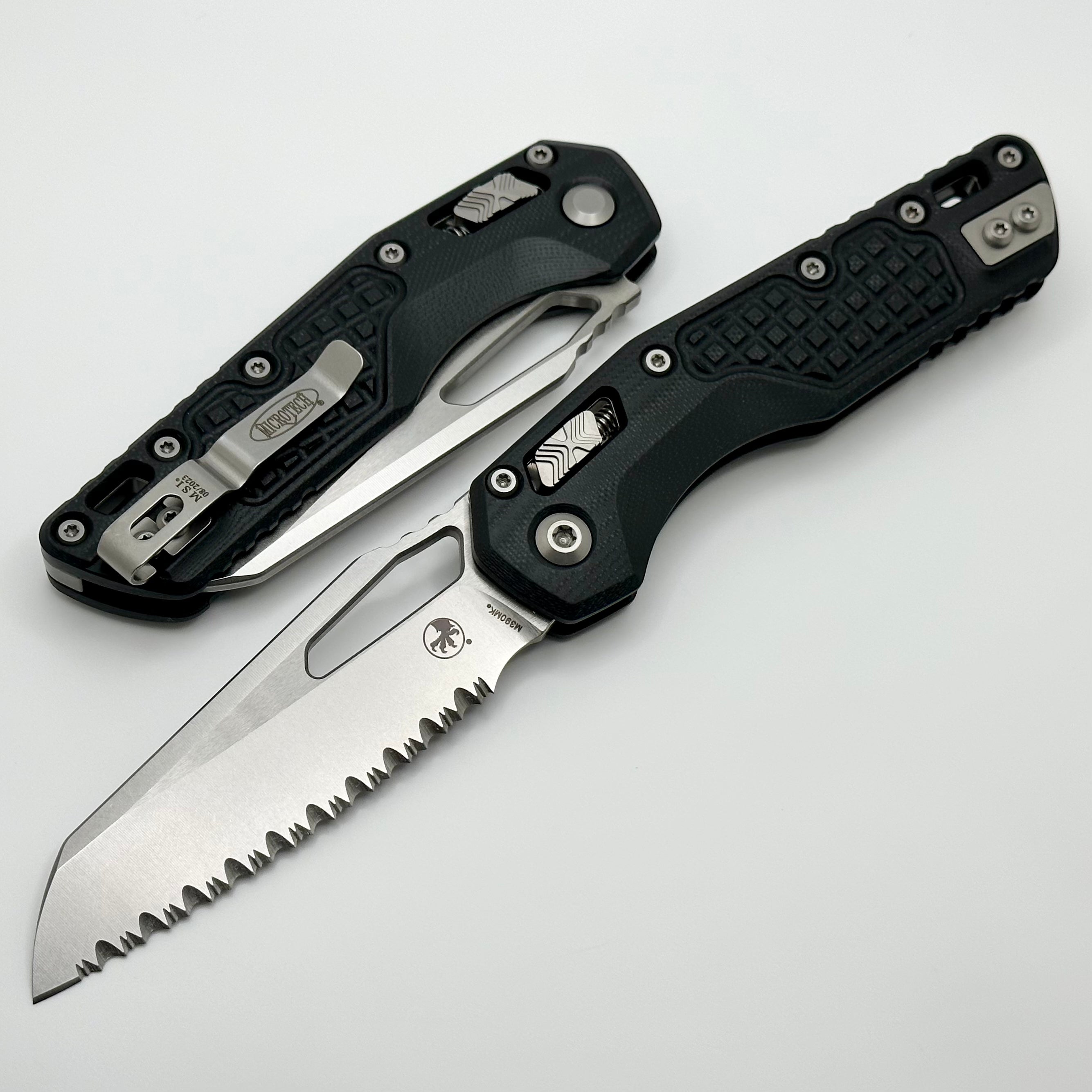 Microtech MSI RAM LOK Ultimate Tactical Folding Knife - Frag Black G-10 & Full Serrated M390MK Blade