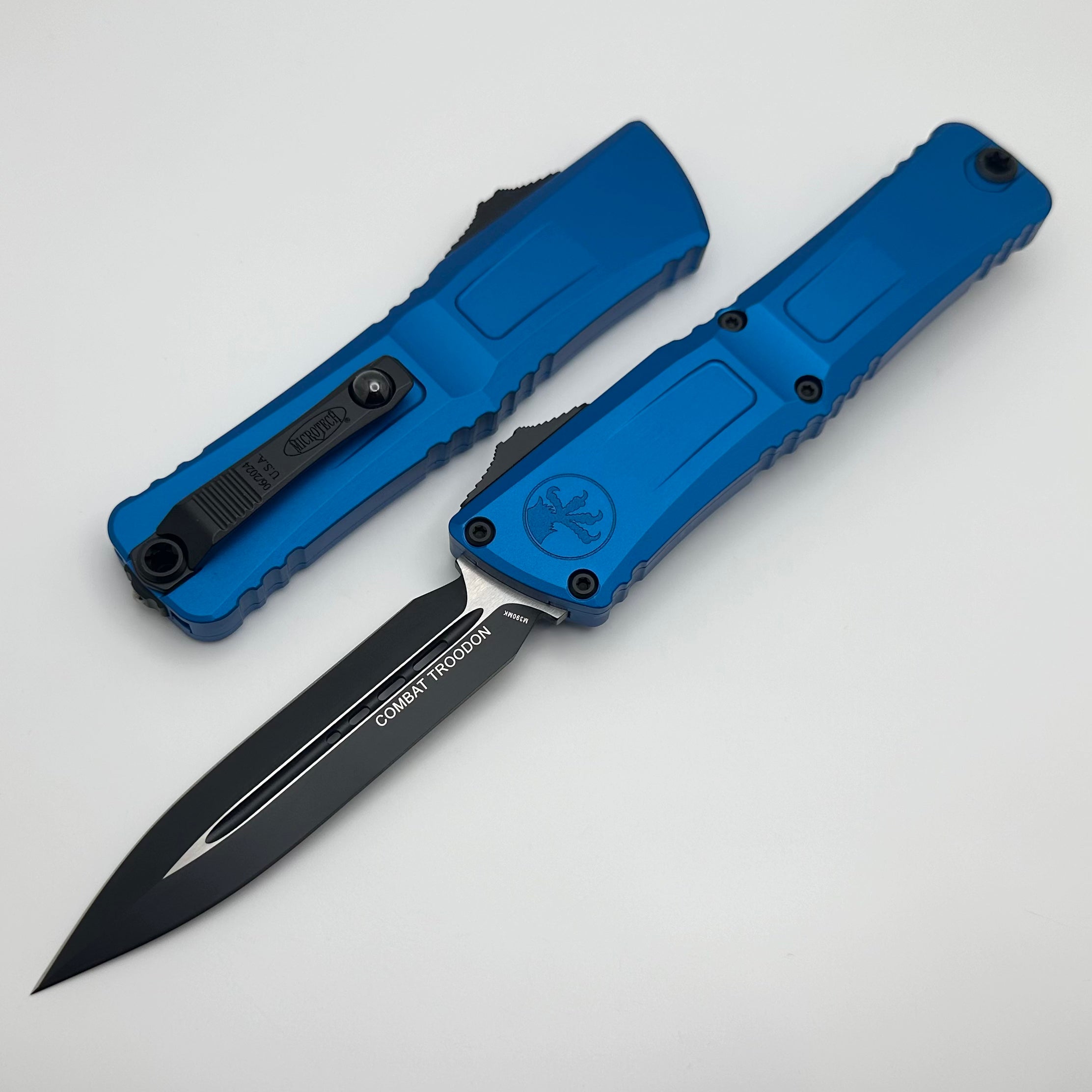 Microtech Combat Troodon Gen III Black Double Edge Knife - Premium Blue Handle (1142-1BL)