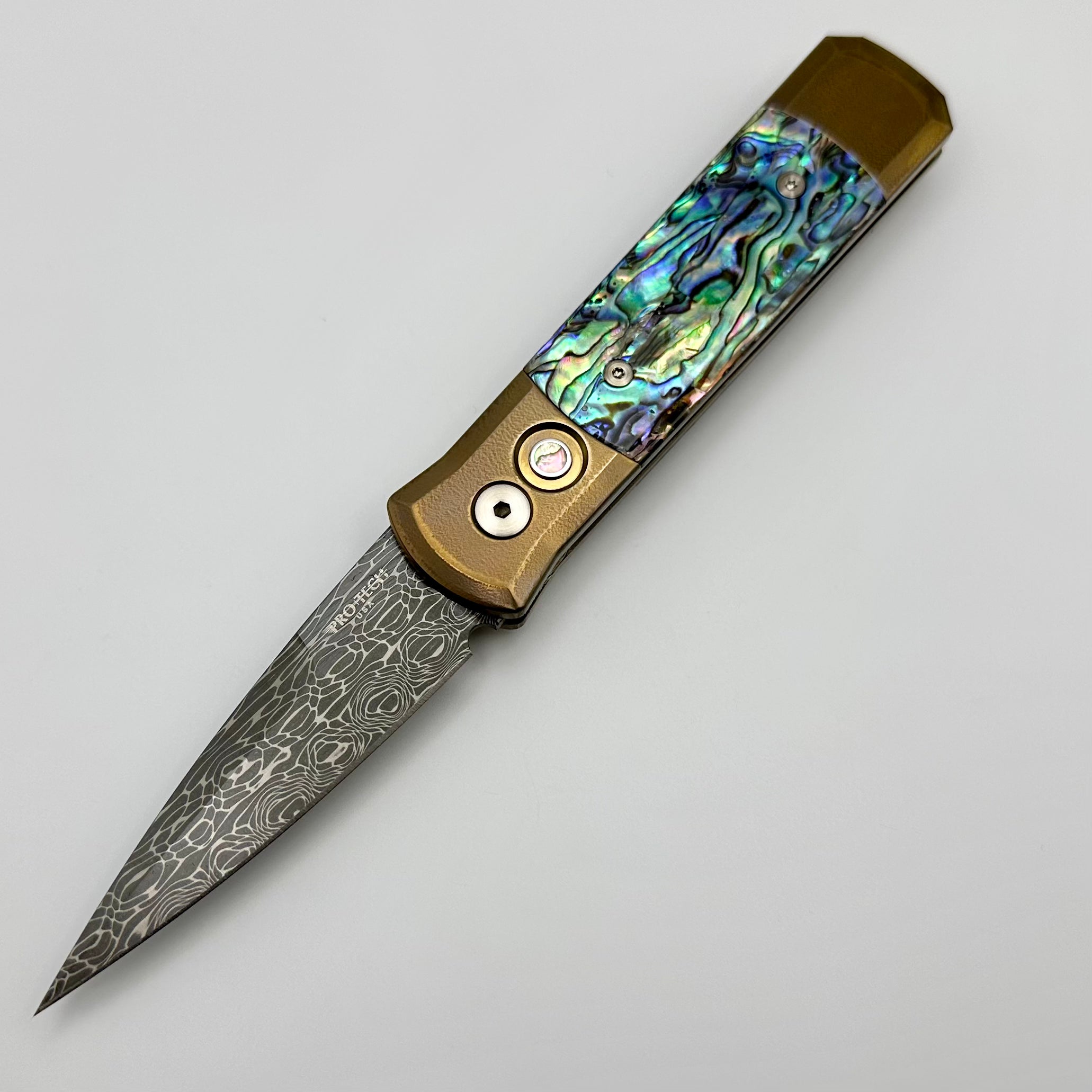 Pro-Tech Godson Bronze Titanium & Abalone Inlays with Vegas Forge Damascus Blade - Ultimate Custom Edition 2024