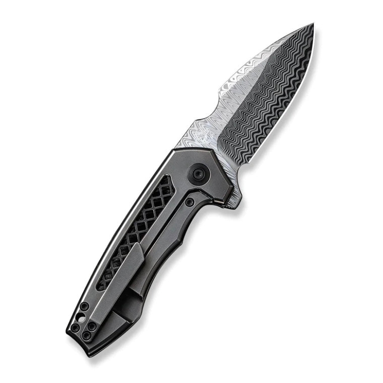 We Knife Harpen Flipper - Premium Polished Gray Titanium & Damasteel Blade WE23019-DS1