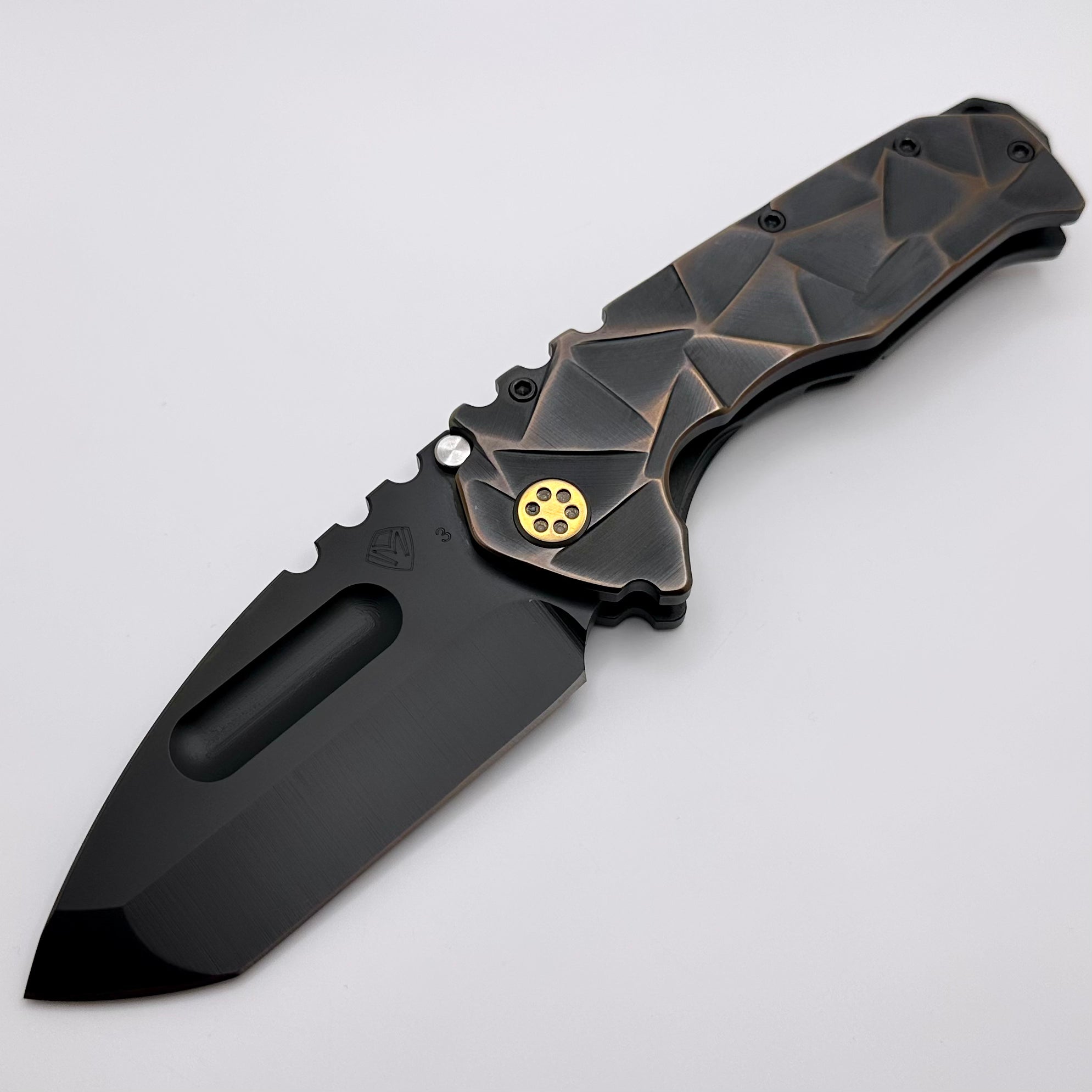 Medford Knife Praetorian TI PVD 3V Tanto - Premium Tactical Folding Knife with Cement Brushed Bronze Flats & Stained Glass Sculpting