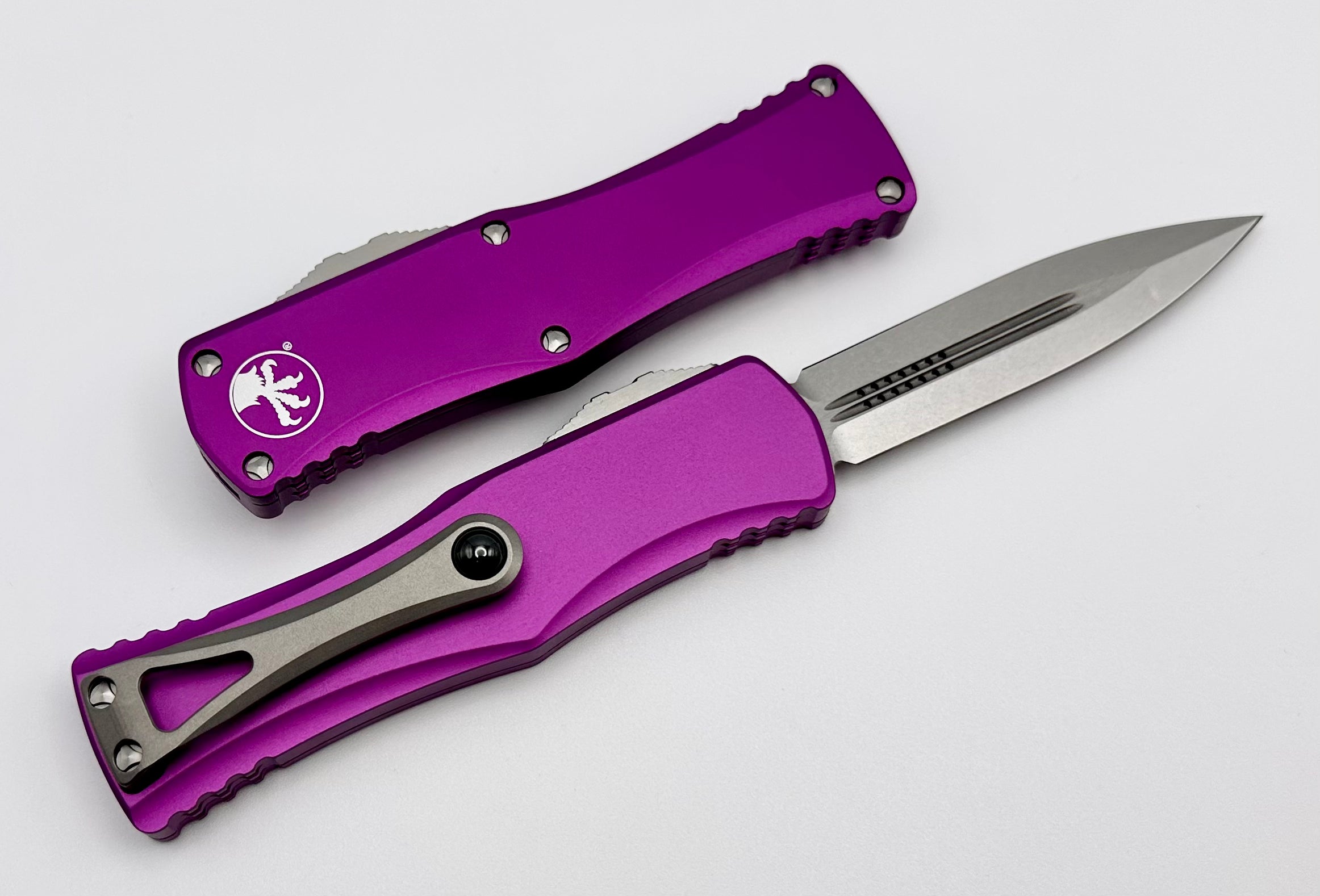 Premium Microtech Hera Double Edge Knife - Stonewash & Violet Finish