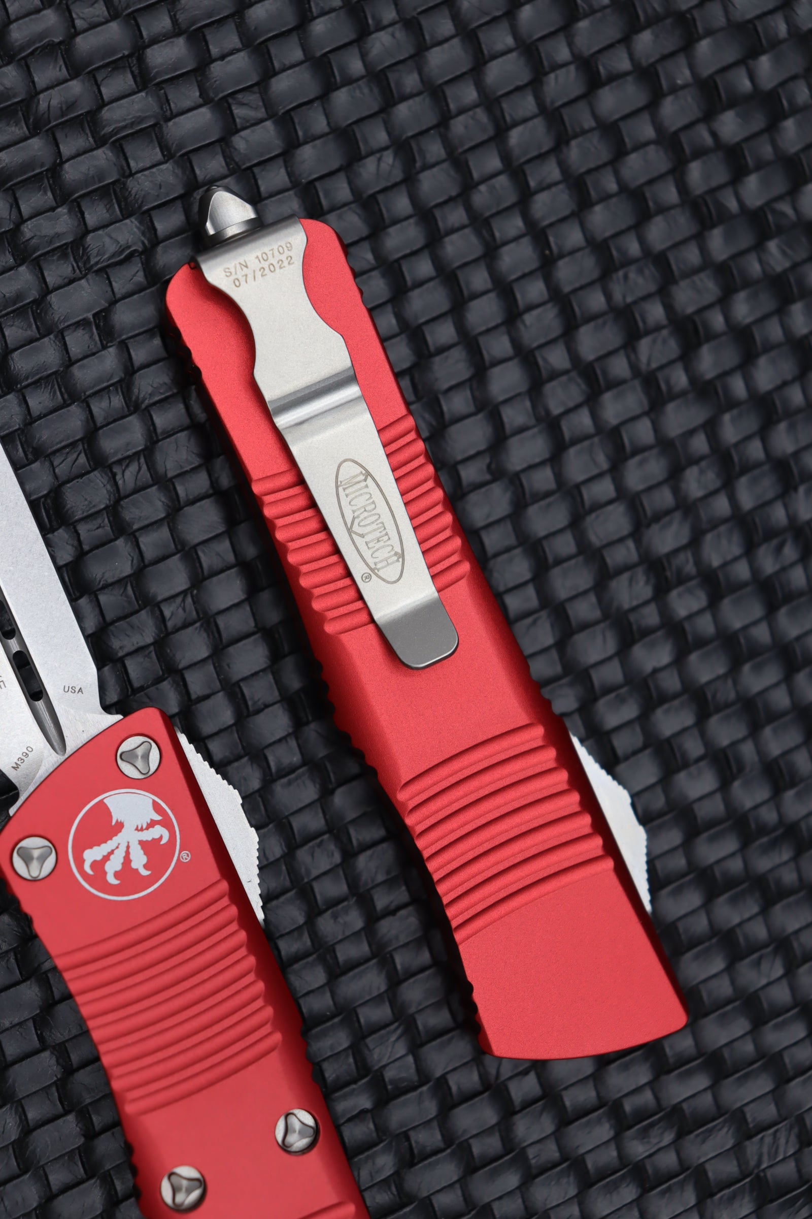 Microtech Troodon Stonewash Premium Double Edge Knife with Red Accents