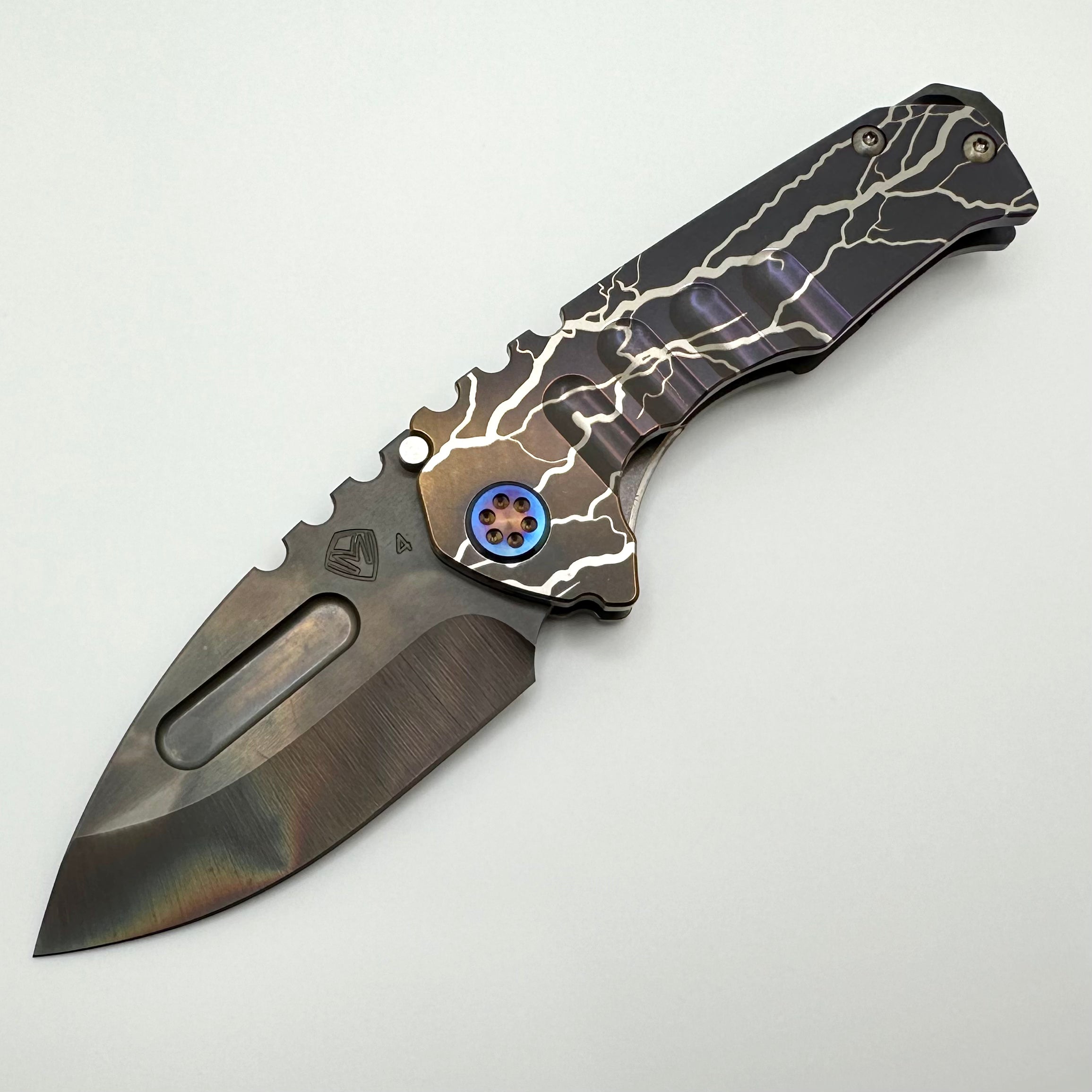 Medford Praetorian Genesis T Folding Knife - Premium S45VN Blade, Lightning Strike Engraved Bronze/Violet Handles, Flamed Hardware