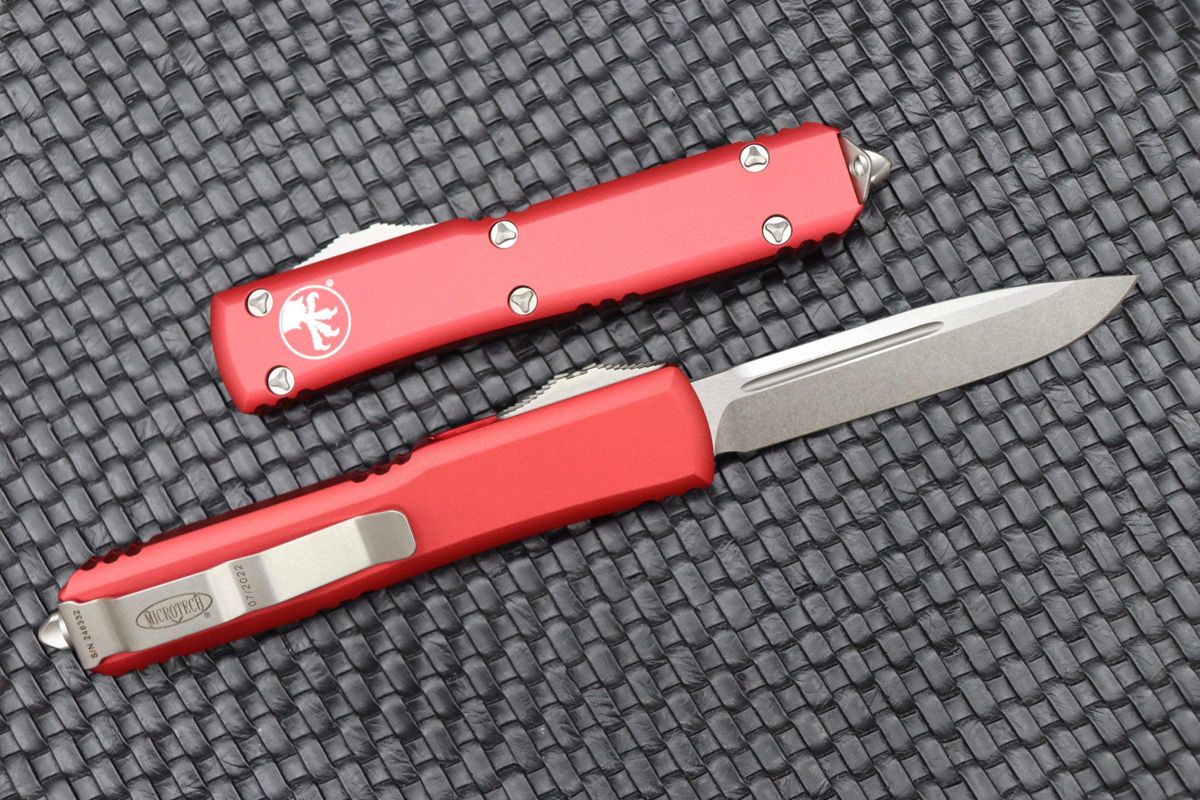 Microtech Ultratech Premium Single Edge Stonewash Knife with Red Handle